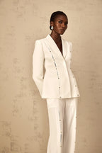 theresa diamond studded hollow out blazer set in white Avalabel
