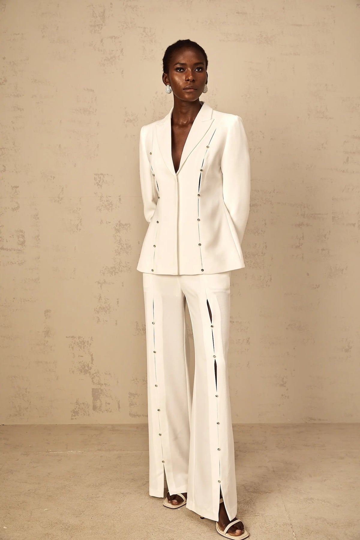 theresa diamond studded hollow out blazer set in white Avalabel