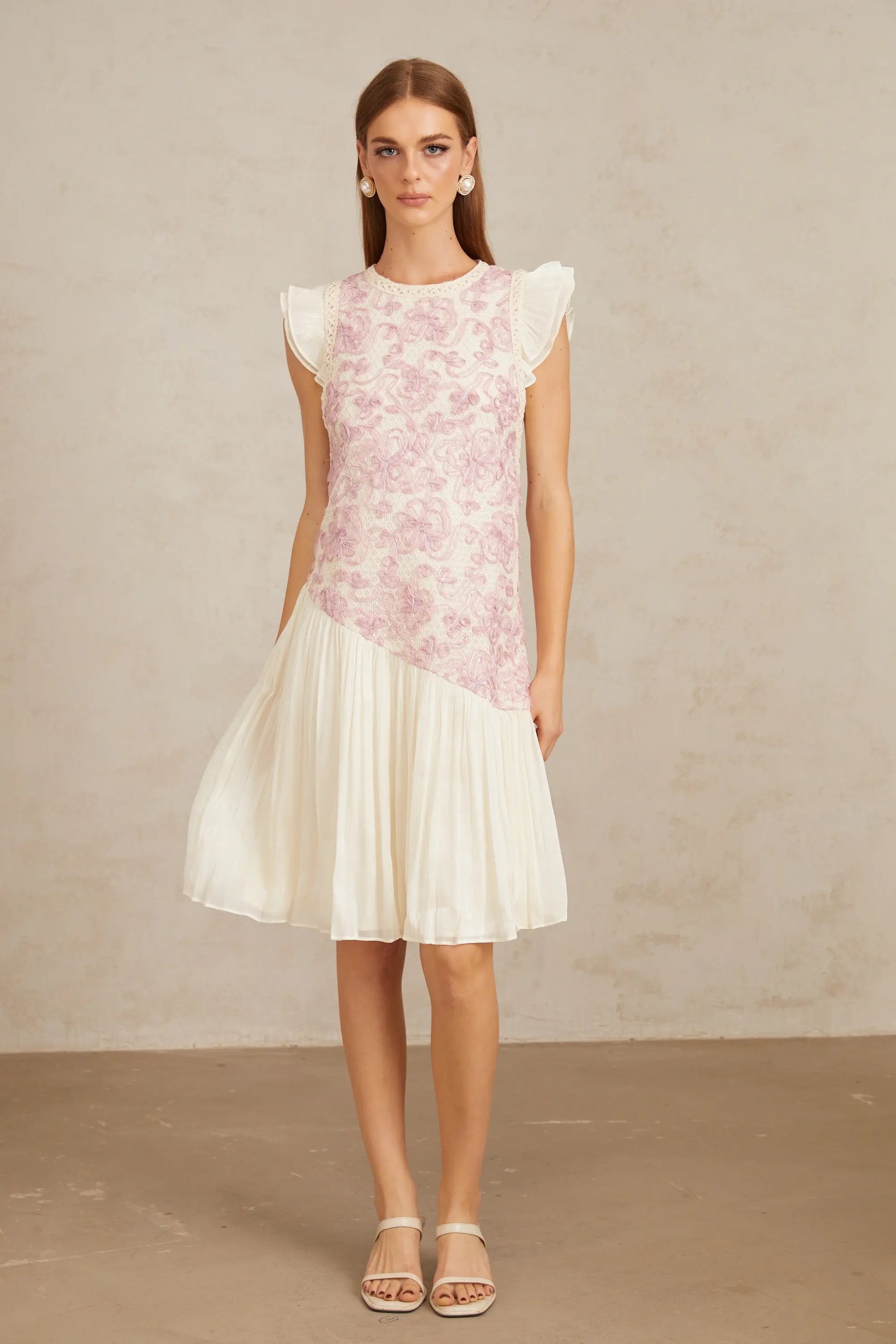 Miriam Pink Panel Floral Crochet Midi Dress Avalabel