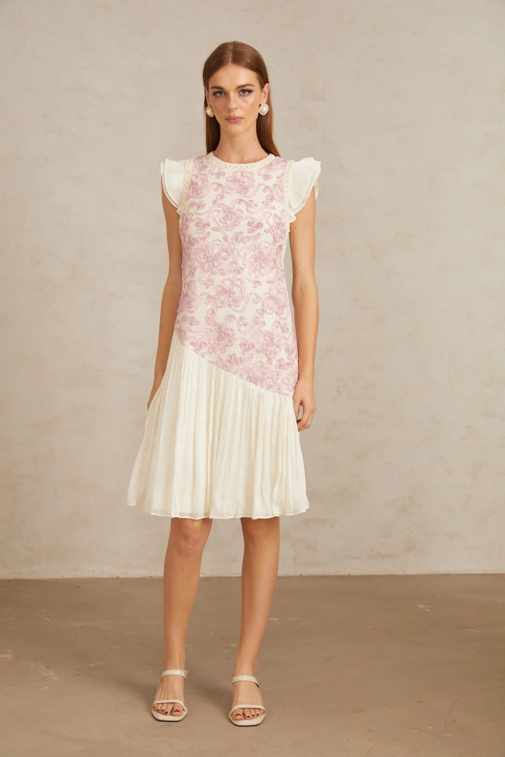 Miriam Pink Panel Floral Crochet Midi Dress Avalabel