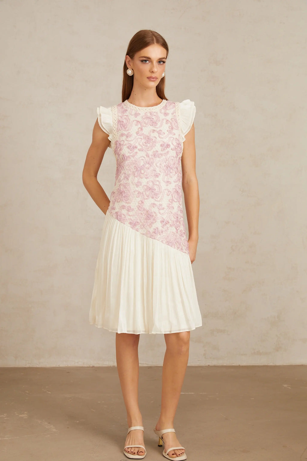Miriam Pink Panel Floral Crochet Midi Dress Avalabel