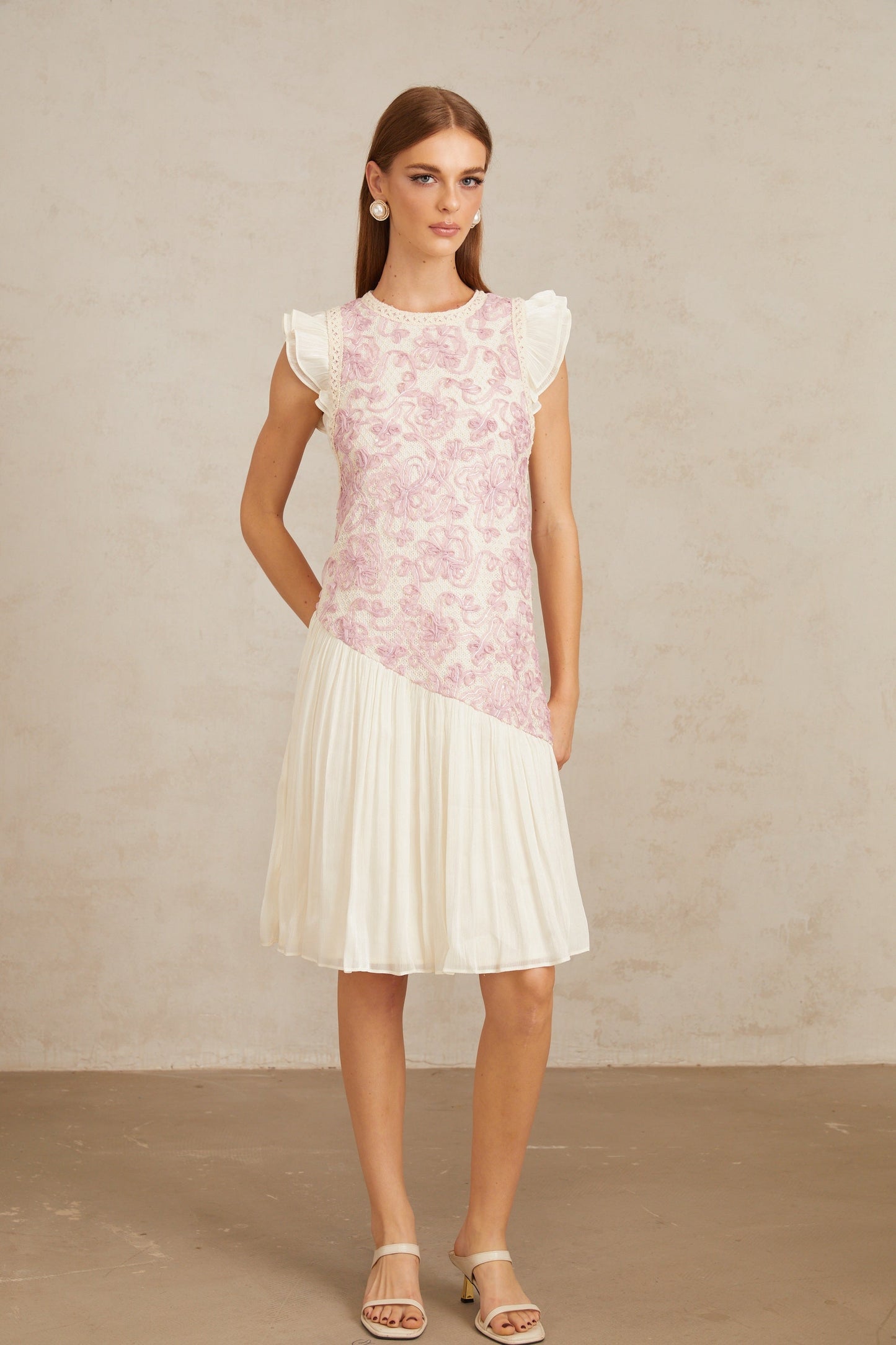 Miriam Pink Panel Floral Crochet Midi Dress