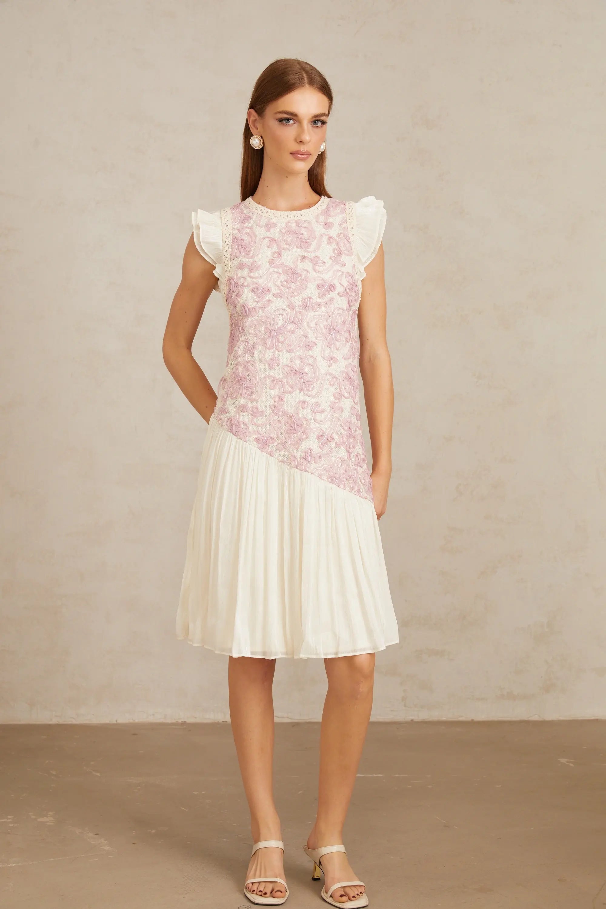 Miriam Pink Panel Floral Crochet Midi Dress Avalabel