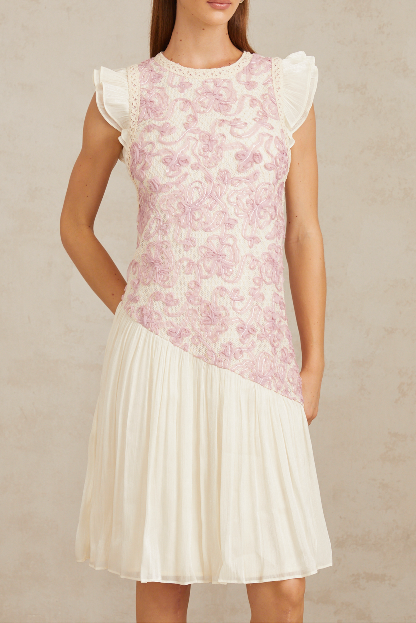 Miriam Pink Panel Floral Crochet Midi Dress