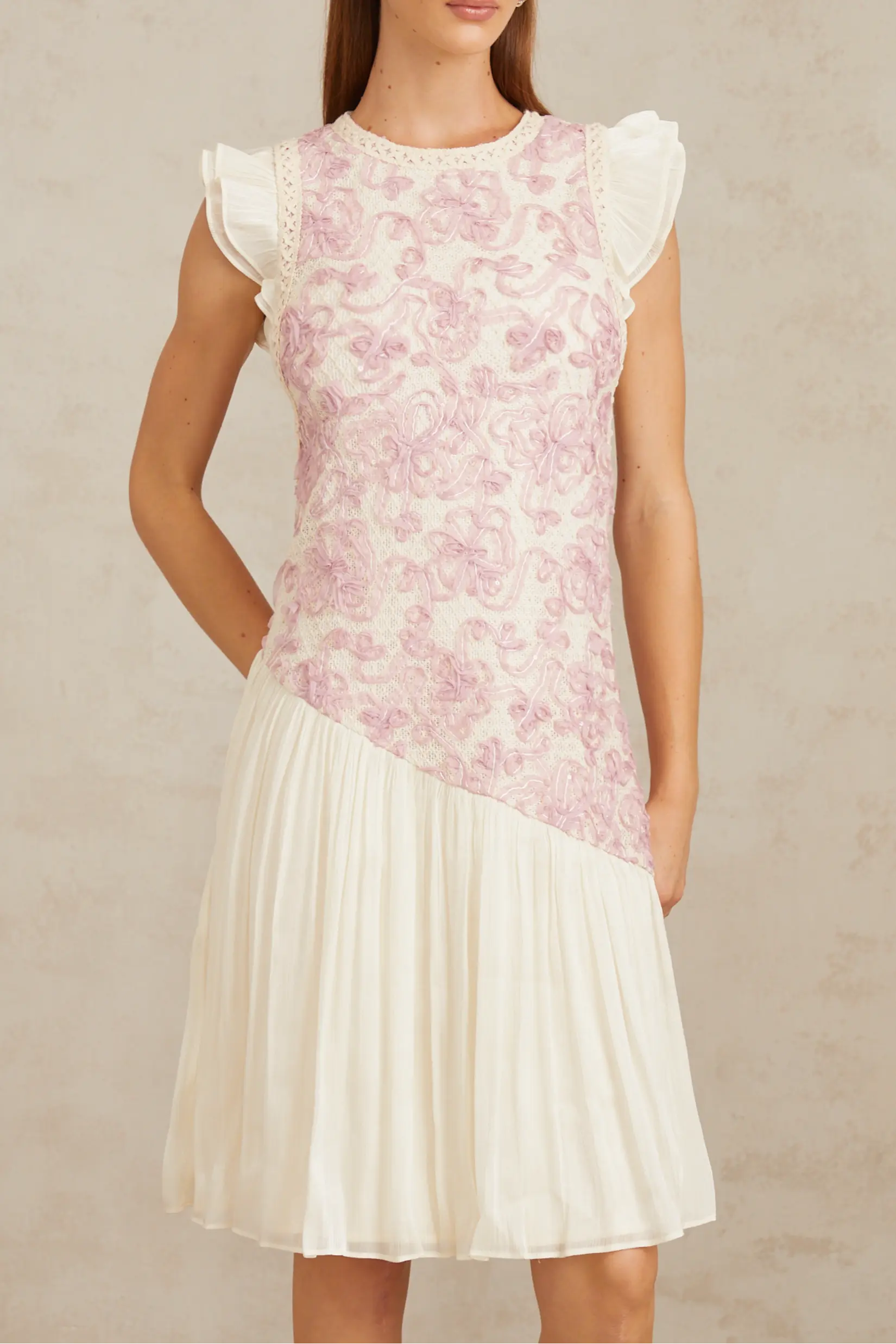 Miriam Pink Panel Floral Crochet Midi Dress Avalabel