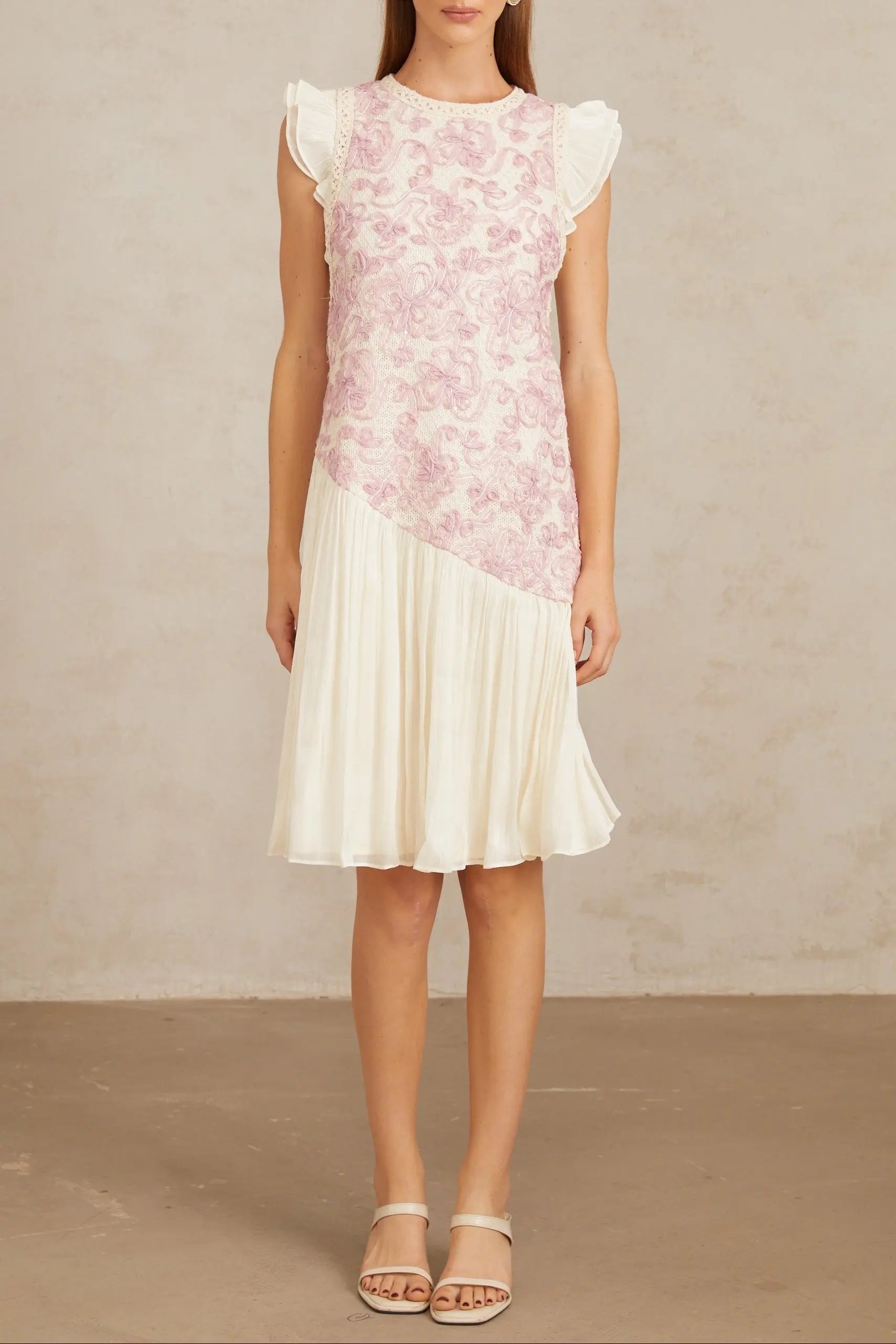 Miriam Pink Panel Floral Crochet Midi Dress Avalabel