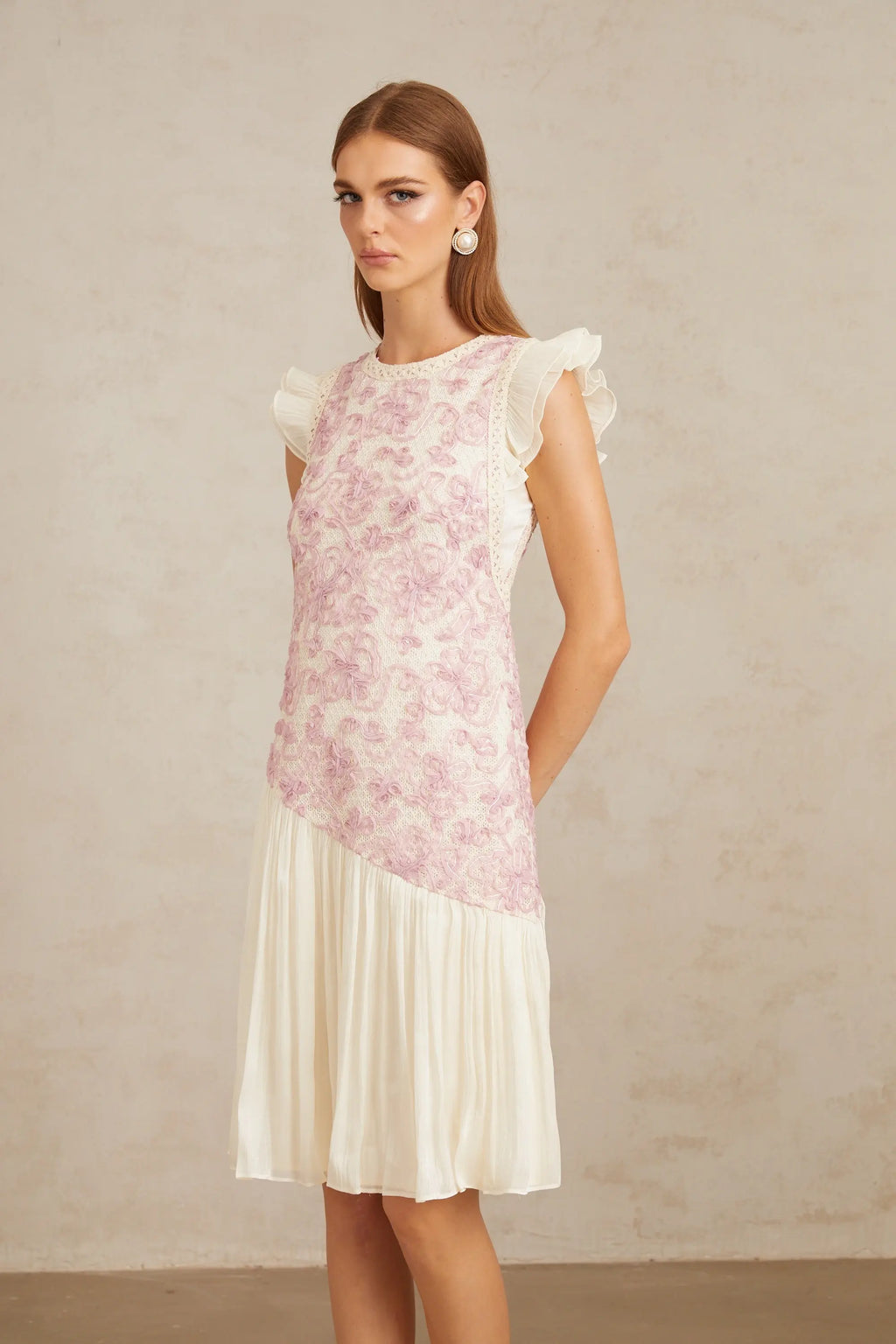 Miriam Pink Panel Floral Crochet Midi Dress Avalabel