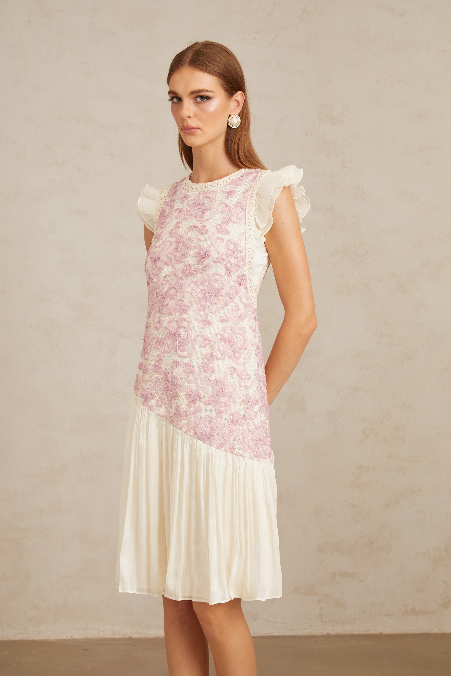 Miriam Pink Panel Floral Crochet Midi Dress