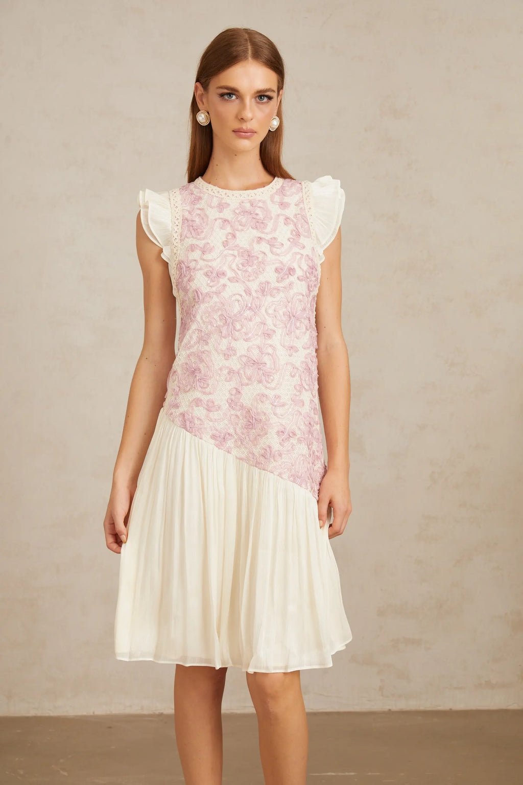 Miriam Pink Panel Floral Crochet Midi Dress Avalabel