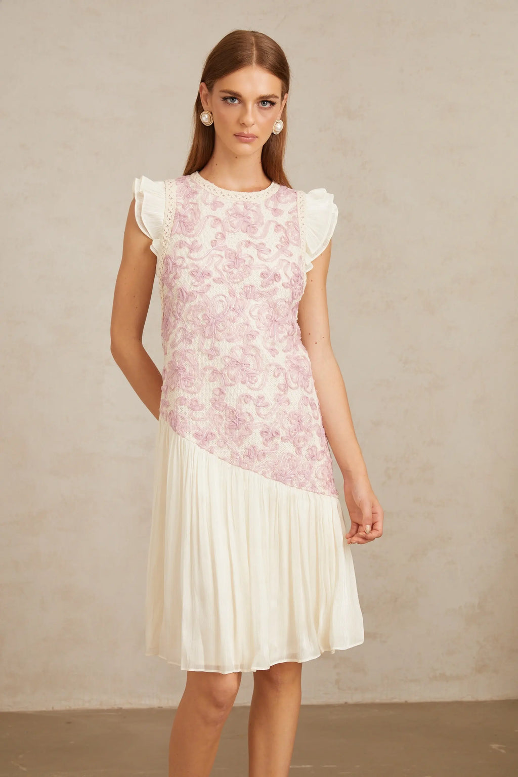 Miriam Pink Panel Floral Crochet Midi Dress Avalabel