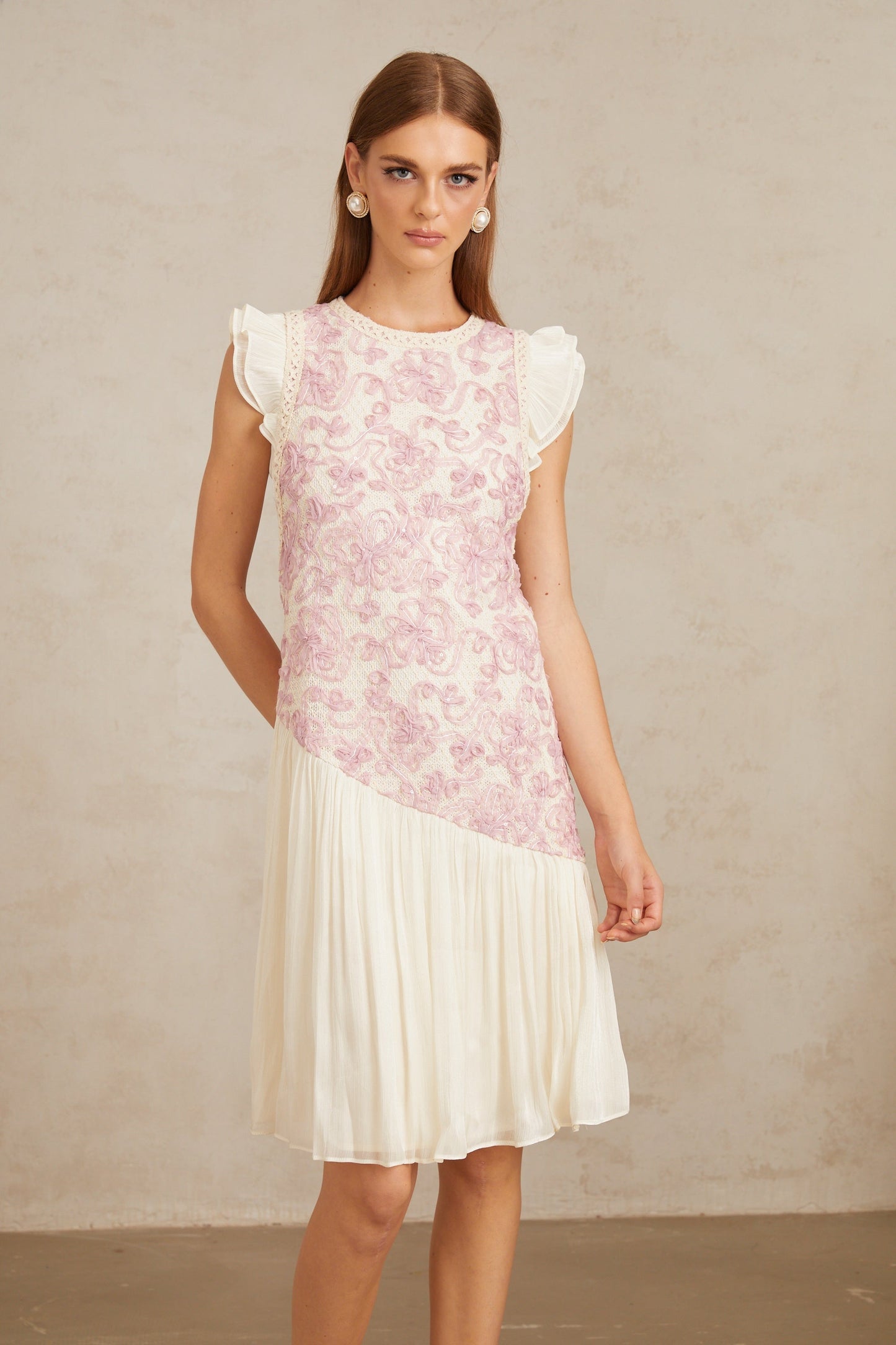 Miriam Pink Panel Floral Crochet Midi Dress
