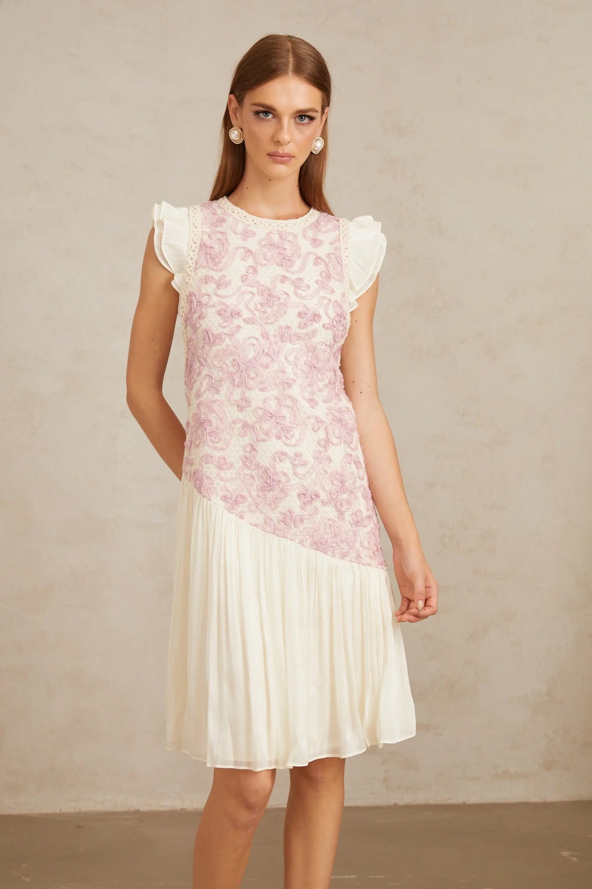 Miriam Pink Panel Floral Crochet Midi Dress Avalabel