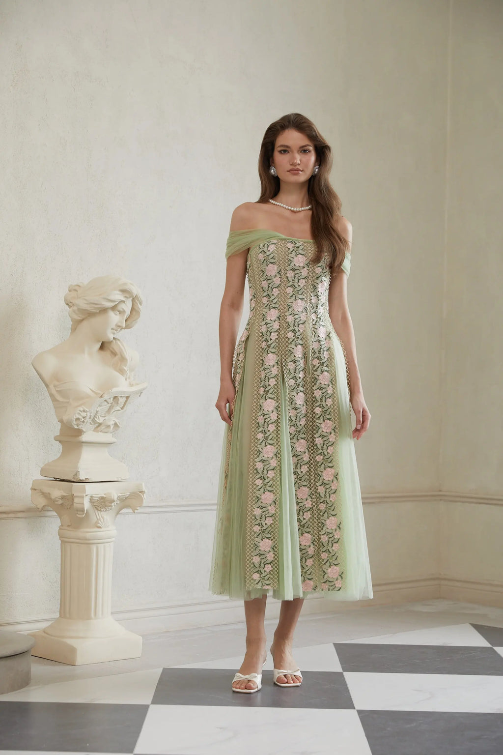 octavia Tulle Panel Floral Midi Dress in green Avalabel