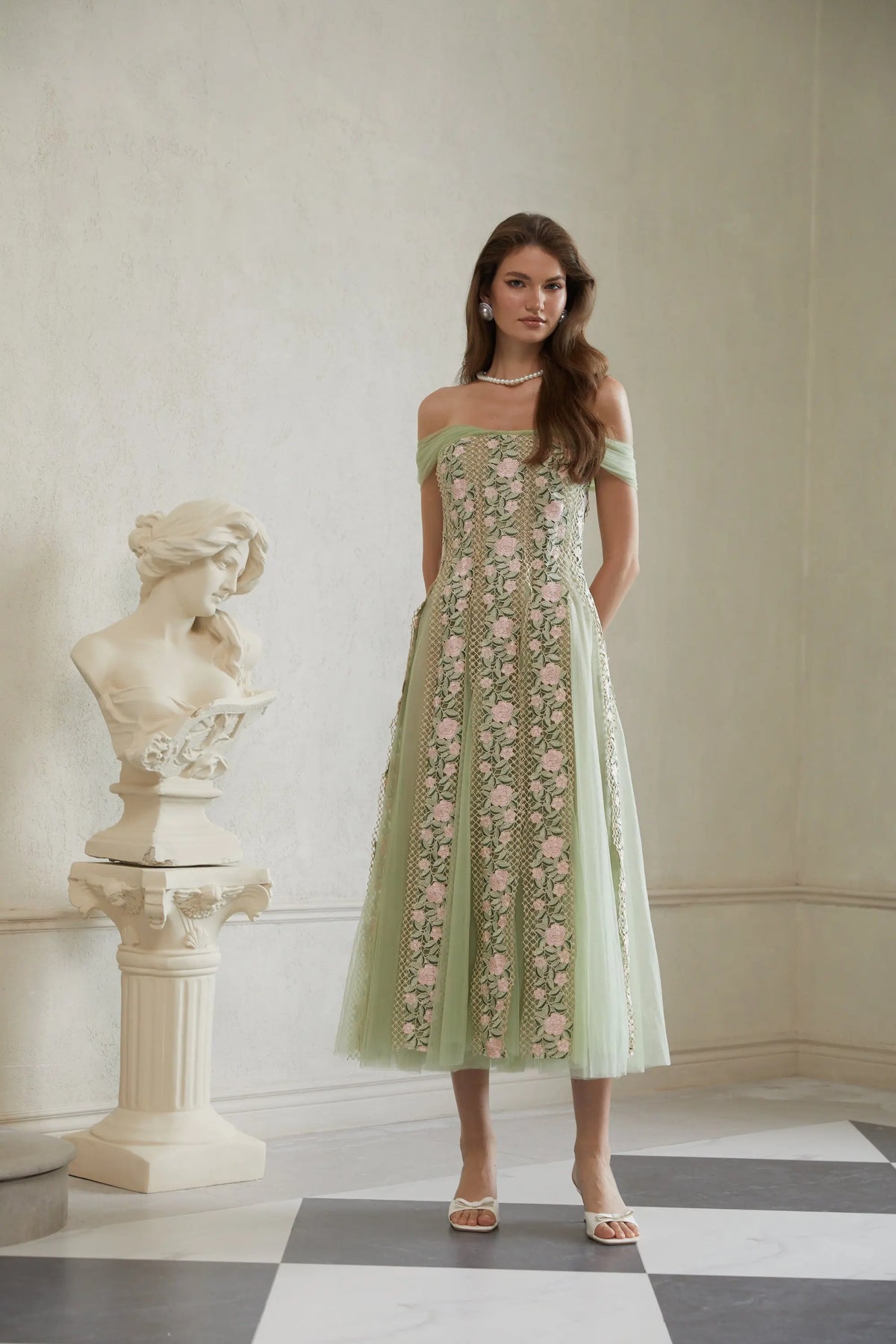 octavia Tulle Panel Floral Midi Dress in green Avalabel