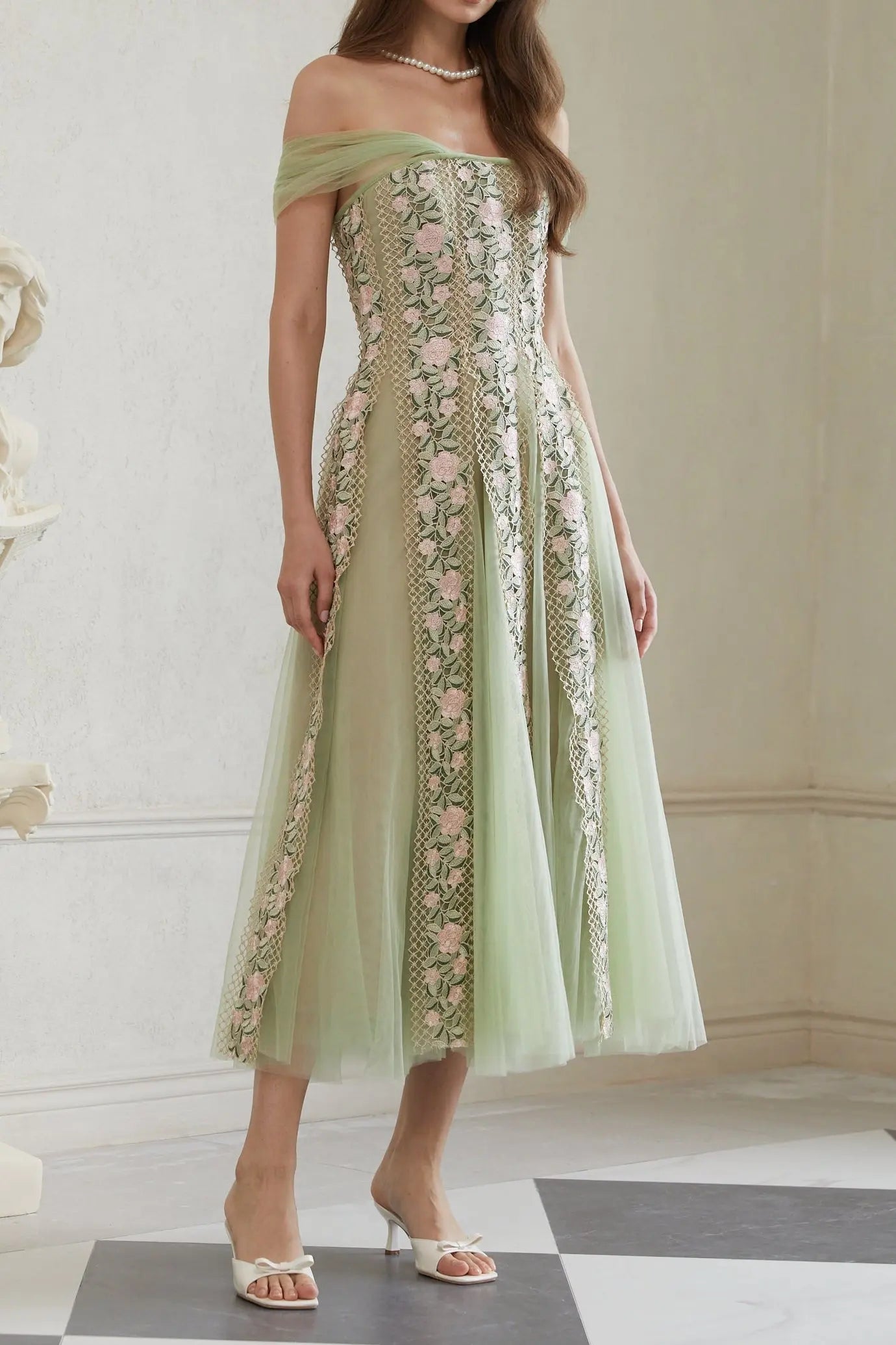 octavia Tulle Panel Floral Midi Dress in green Avalabel