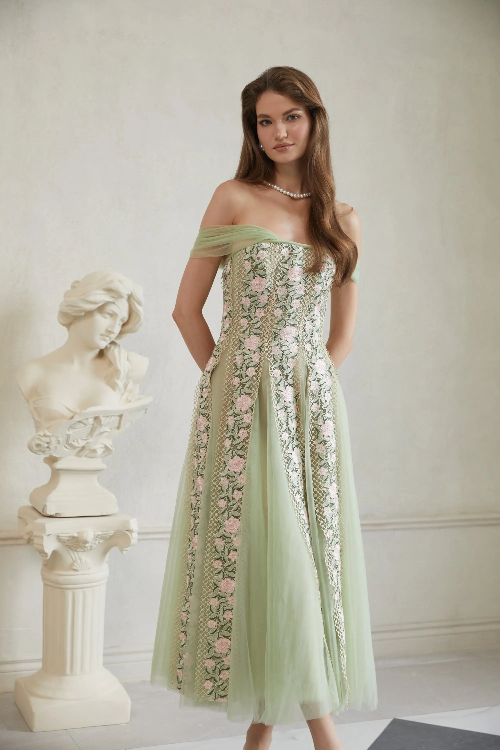octavia Tulle Panel Floral Midi Dress in green Avalabel