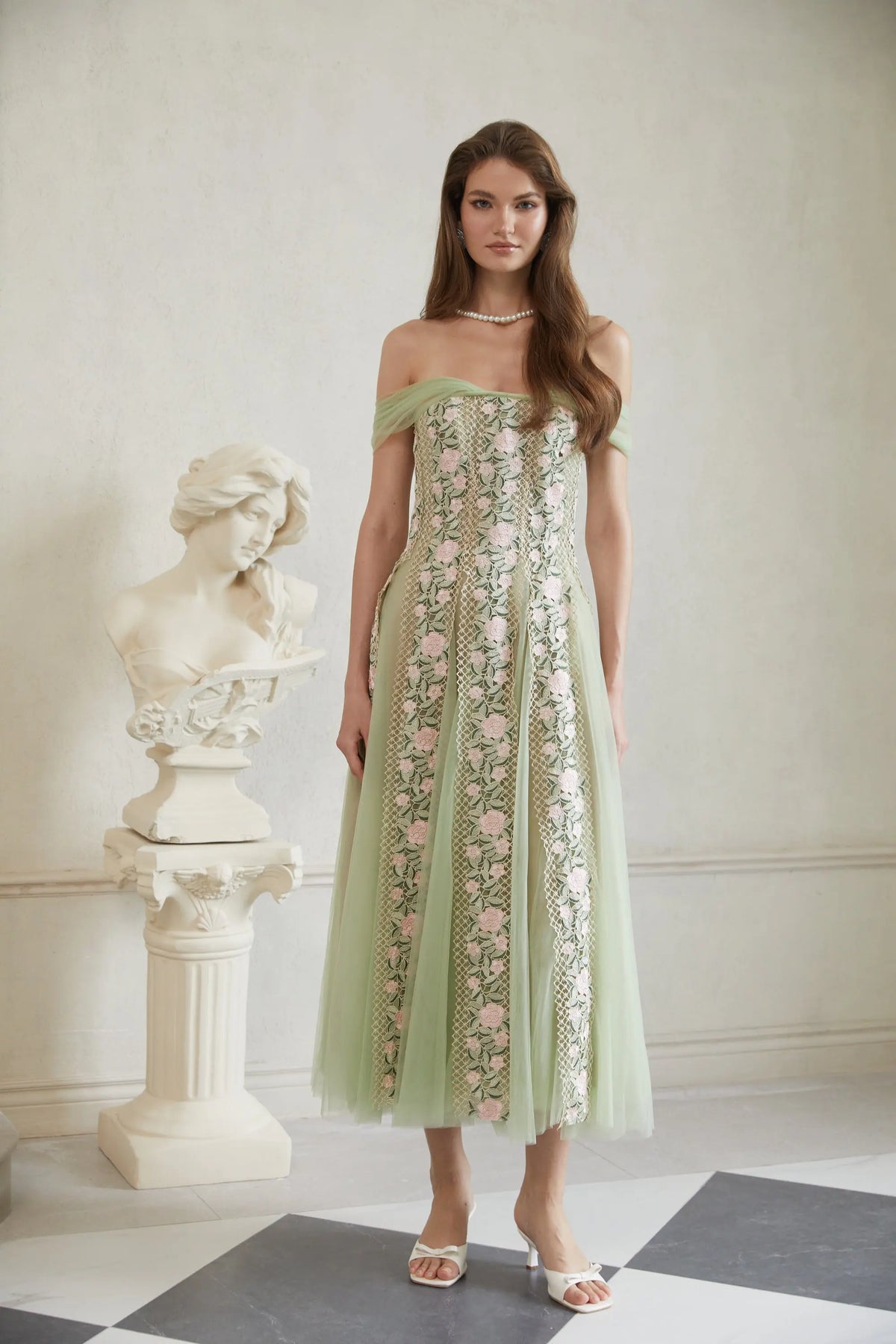 octavia Tulle Panel Floral Midi Dress in green Avalabel