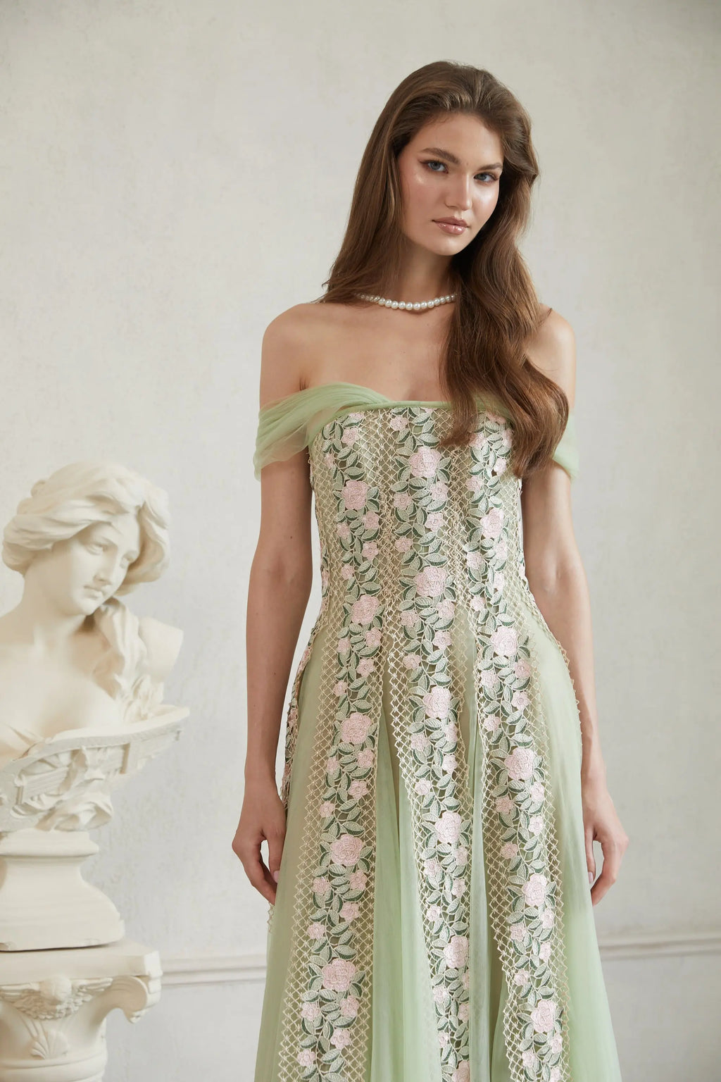 octavia Tulle Panel Floral Midi Dress in green Avalabel
