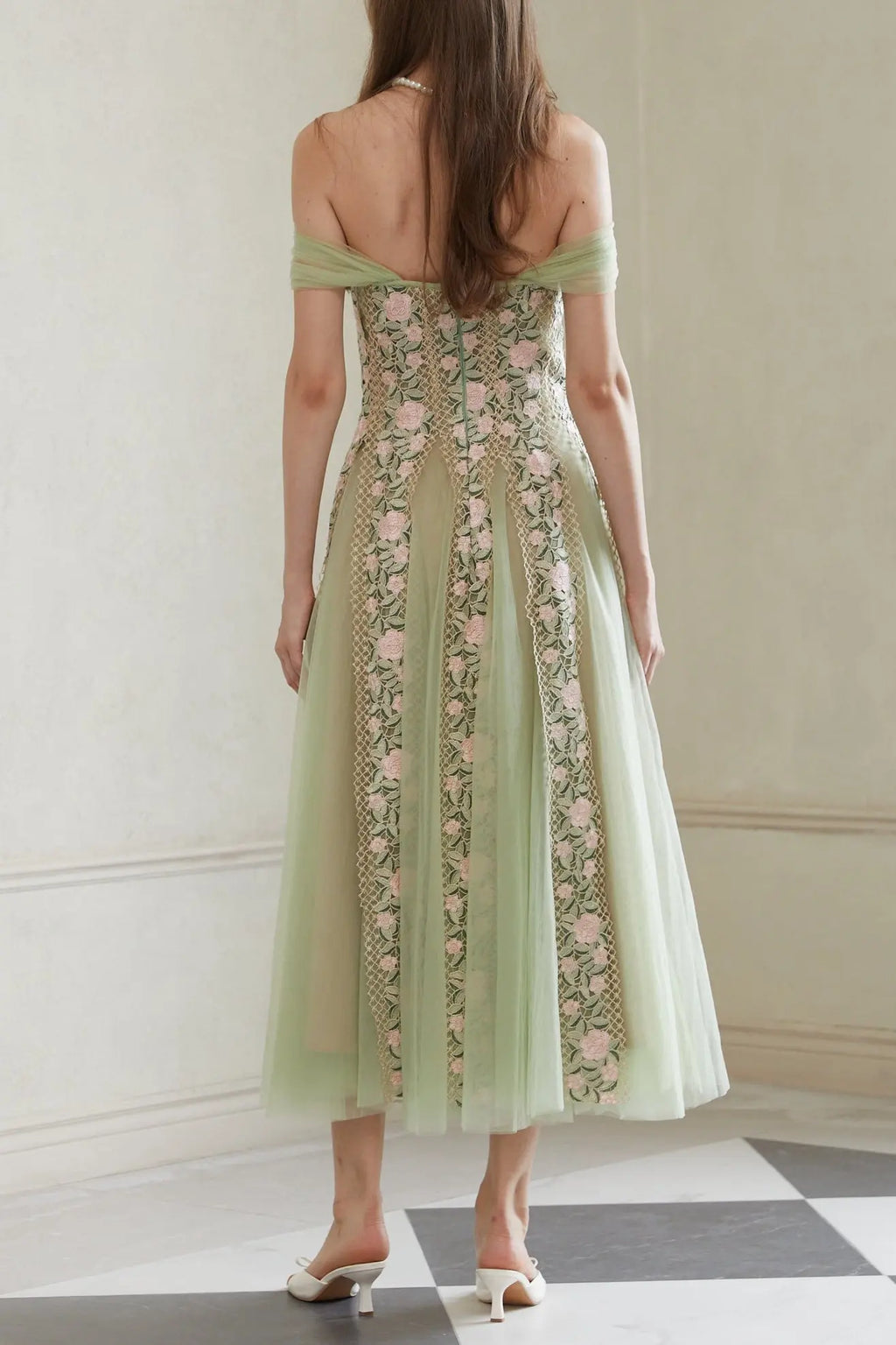 octavia Tulle Panel Floral Midi Dress in green Avalabel