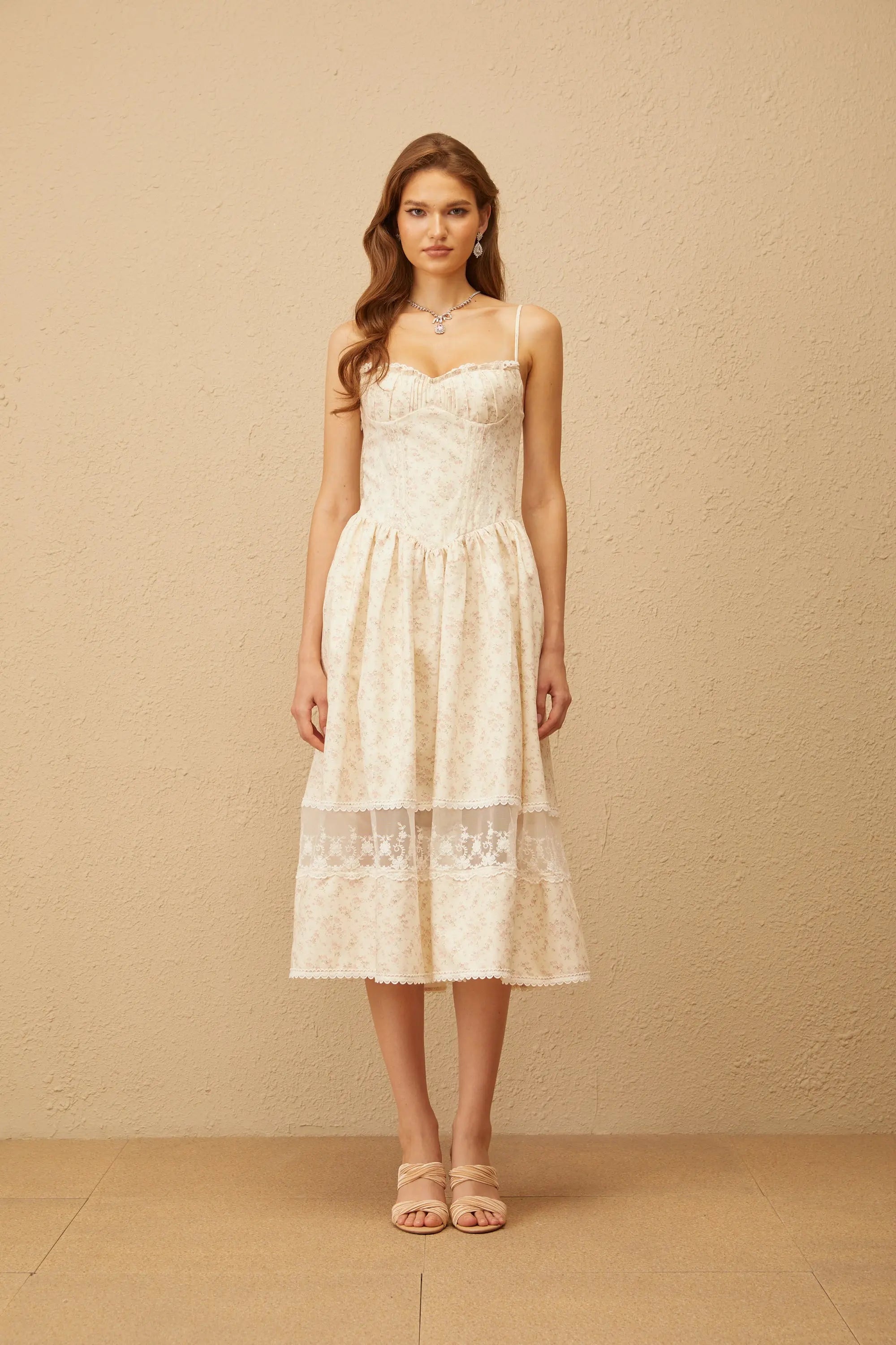 Kimberley Neutral Lace Trim Floral Midi Dress in White Avalabel