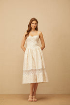 Kimberley Neutral Lace Trim Floral Midi Dress in White Avalabel