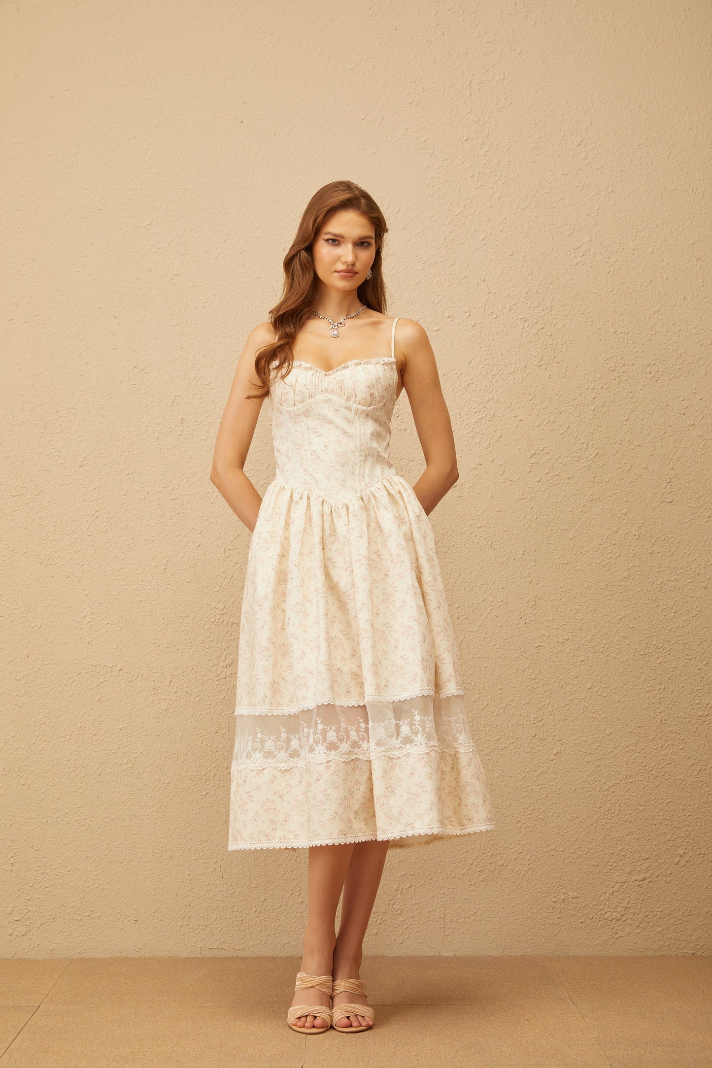 Kimberley Neutral Lace Trim Floral Midi Dress in White