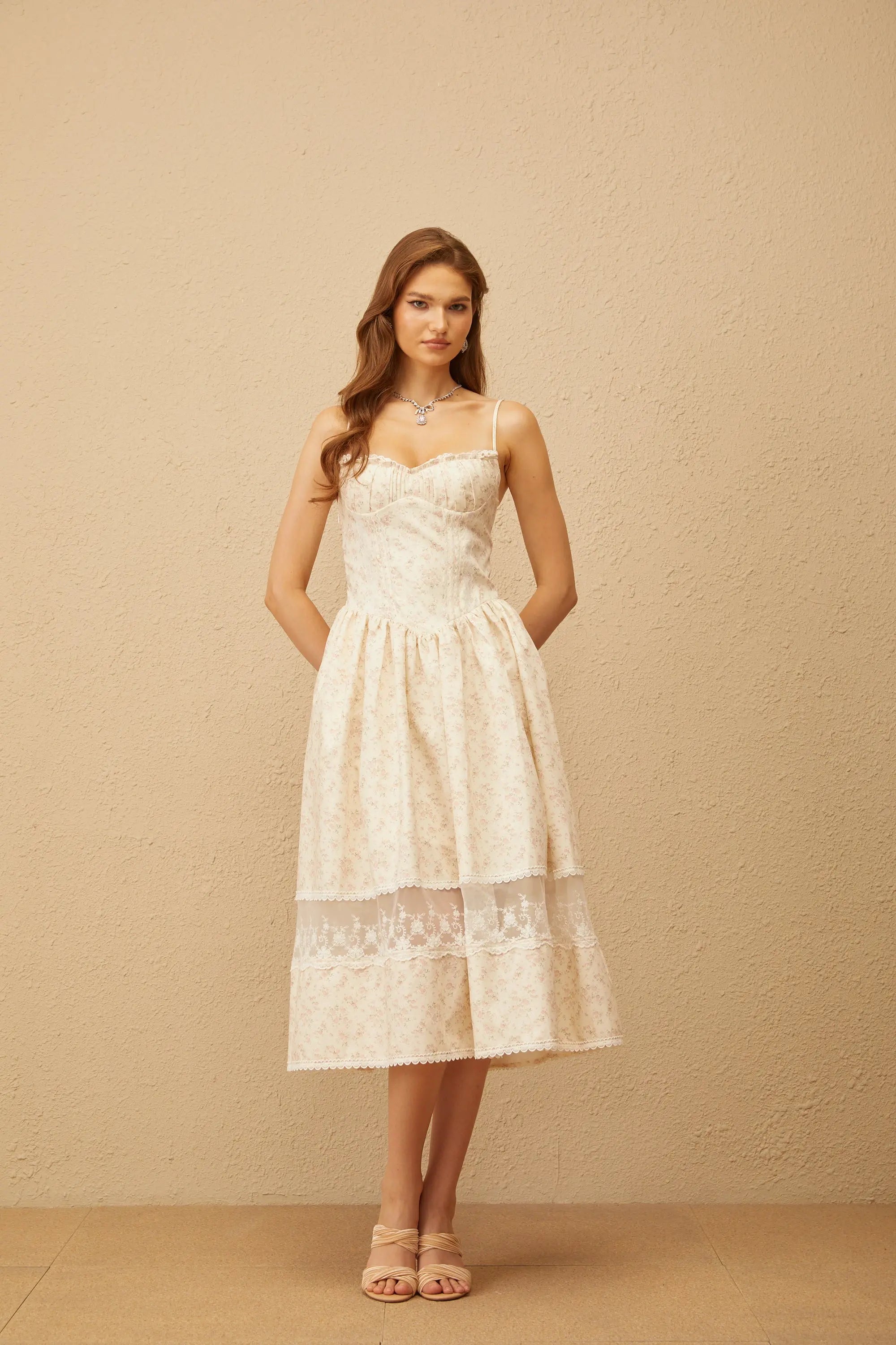 Kimberley Neutral Lace Trim Floral Midi Dress in White Avalabel