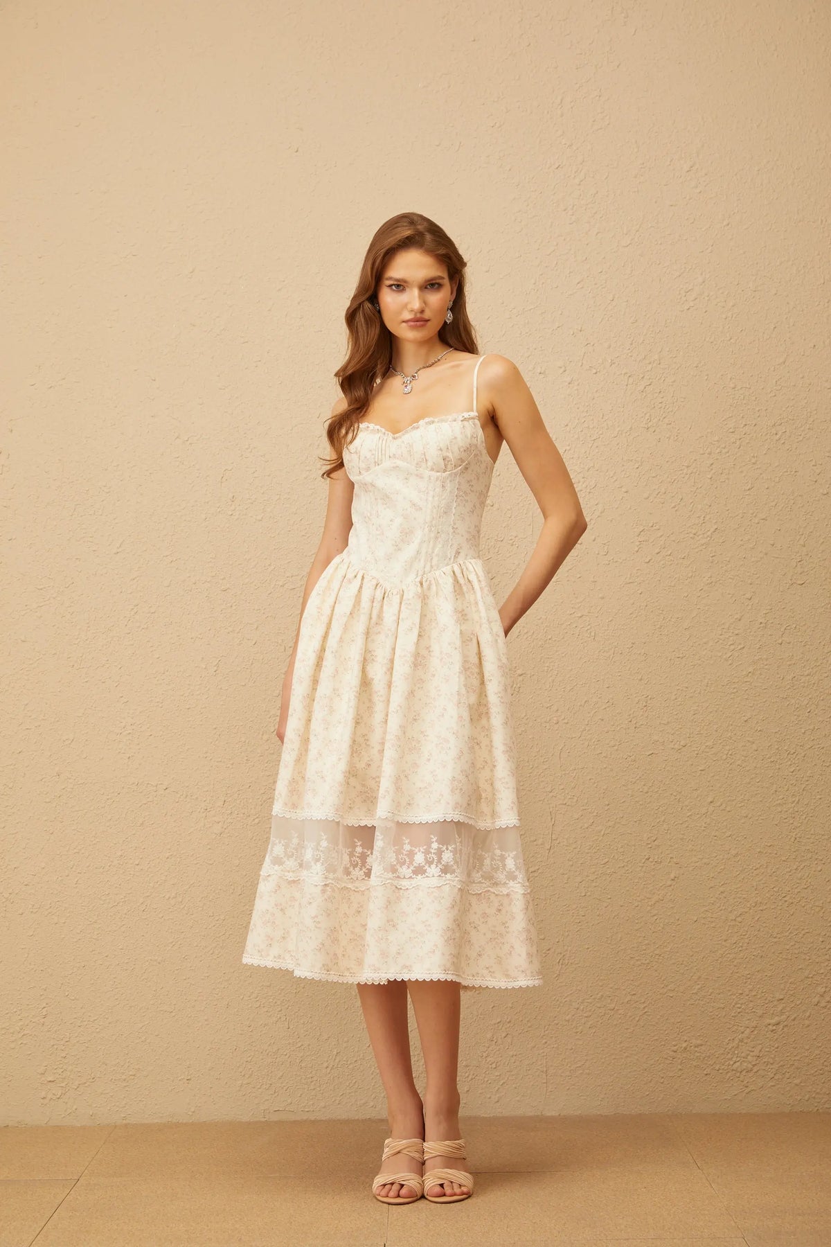 Kimberley Neutral Lace Trim Floral Midi Dress in White Avalabel