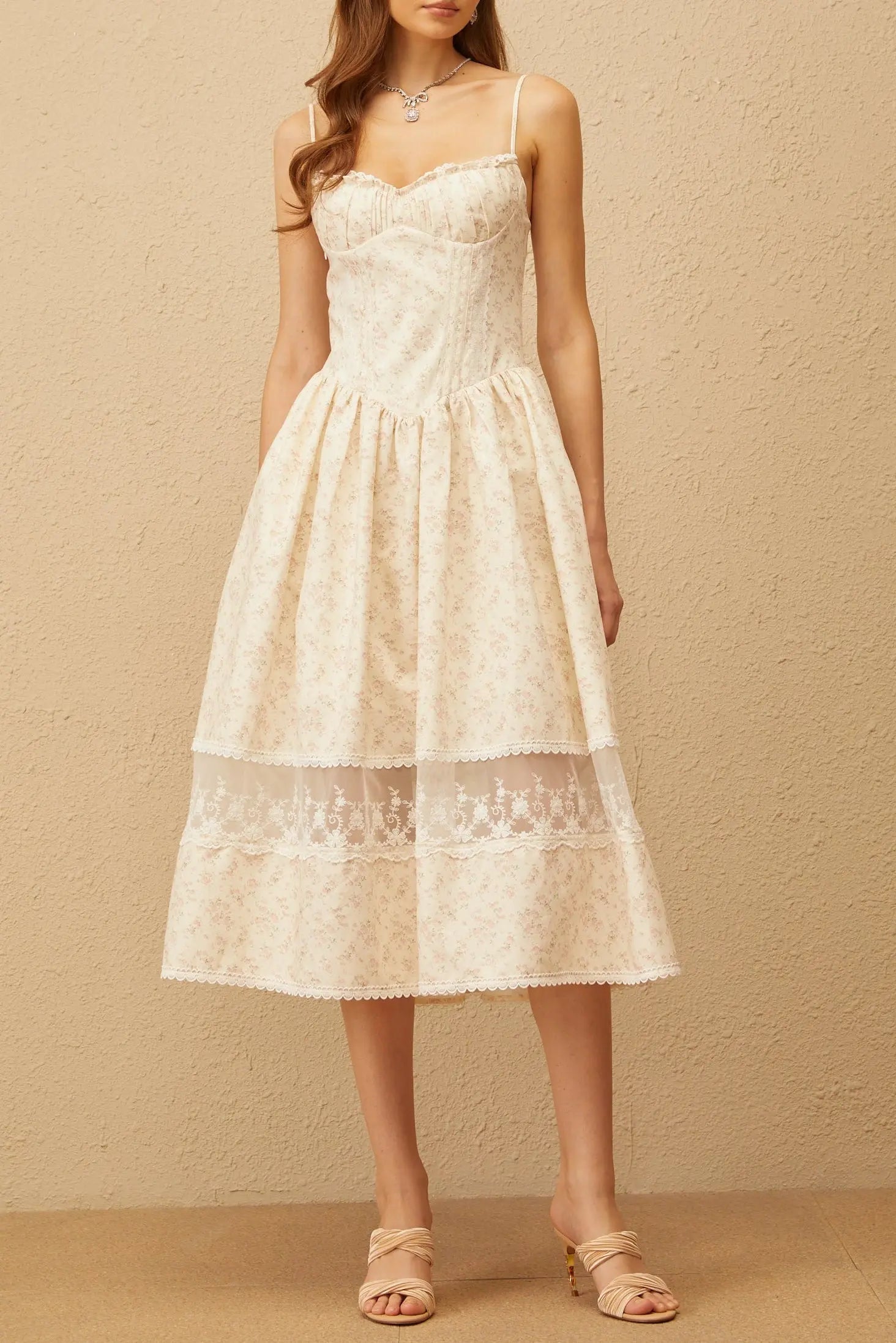 Kimberley Neutral Lace Trim Floral Midi Dress in White Avalabel