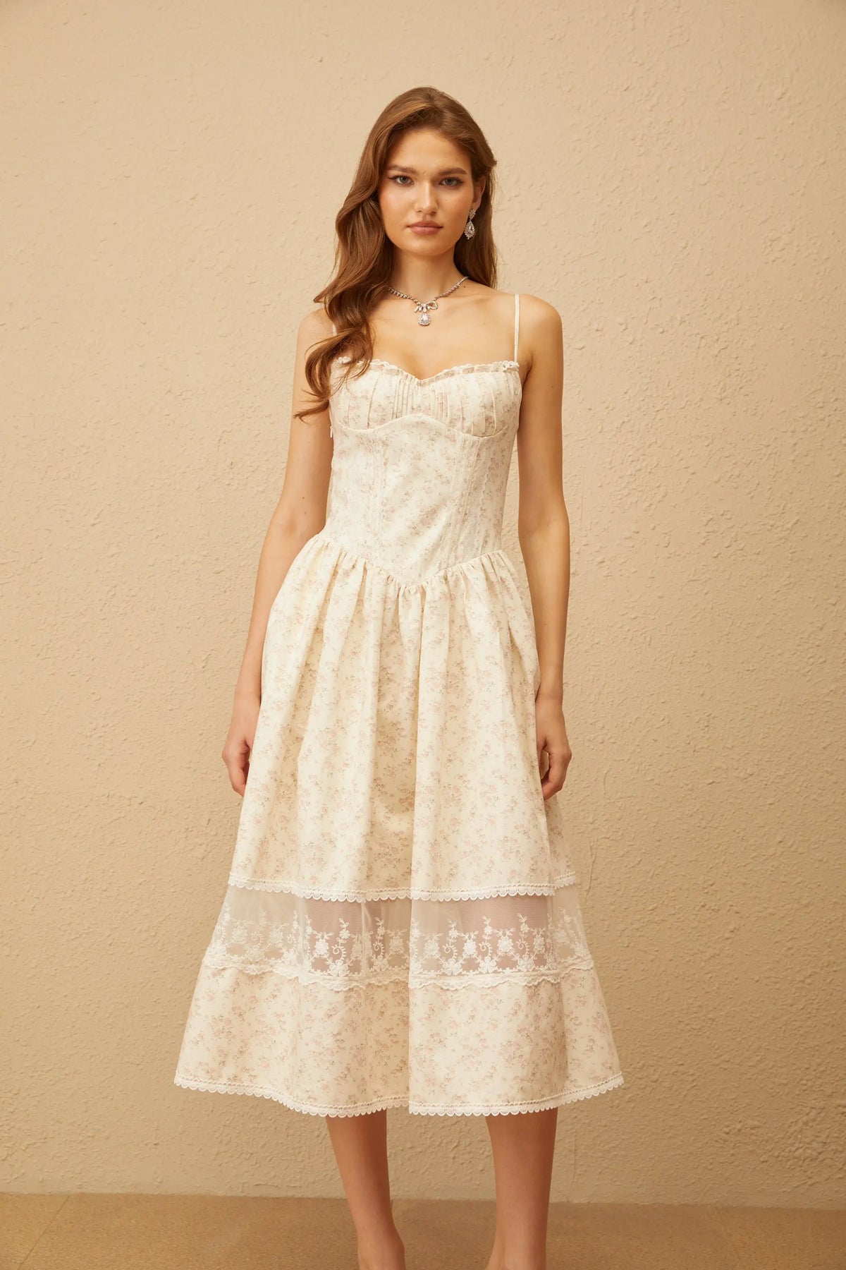 Kimberley Neutral Lace Trim Floral Midi Dress in White Avalabel