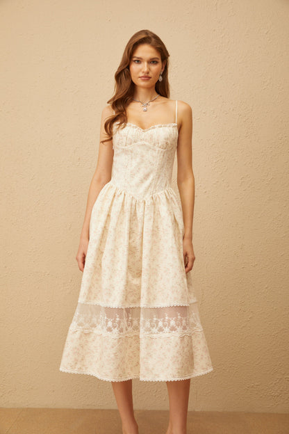 Kimberley Neutral Lace Trim Floral Midi Dress in White