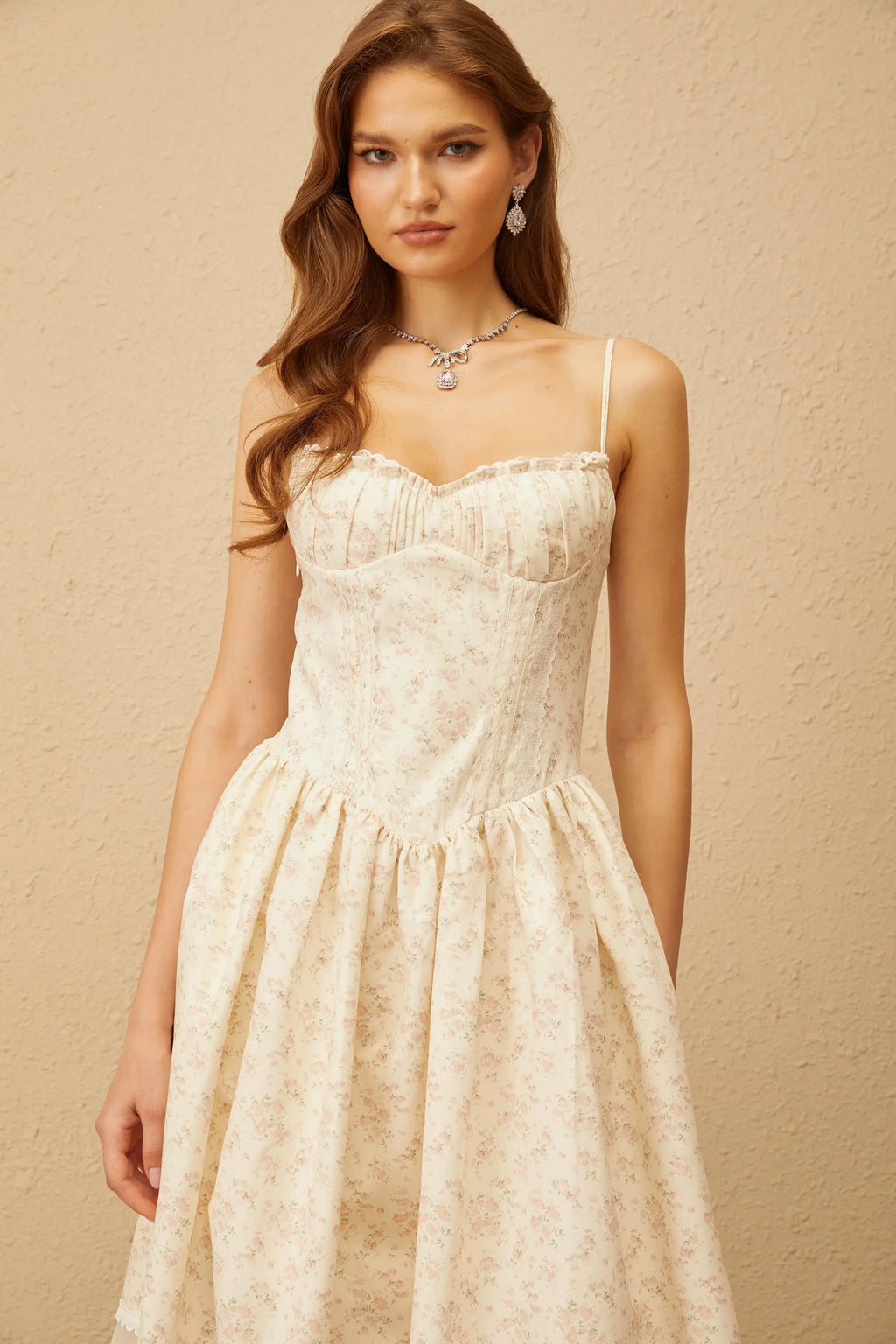 Kimberley Neutral Lace Trim Floral Midi Dress in White Avalabel