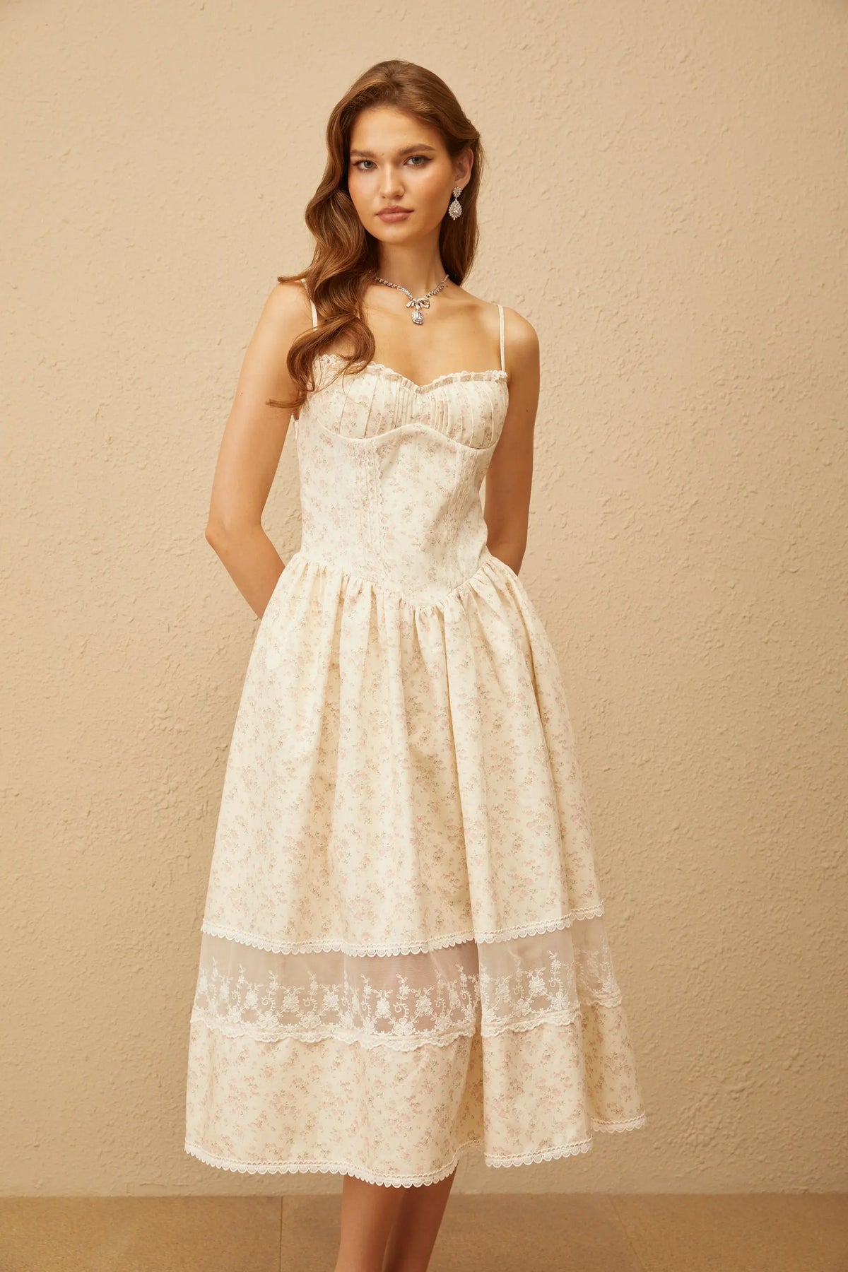 Kimberley Neutral Lace Trim Floral Midi Dress in White Avalabel