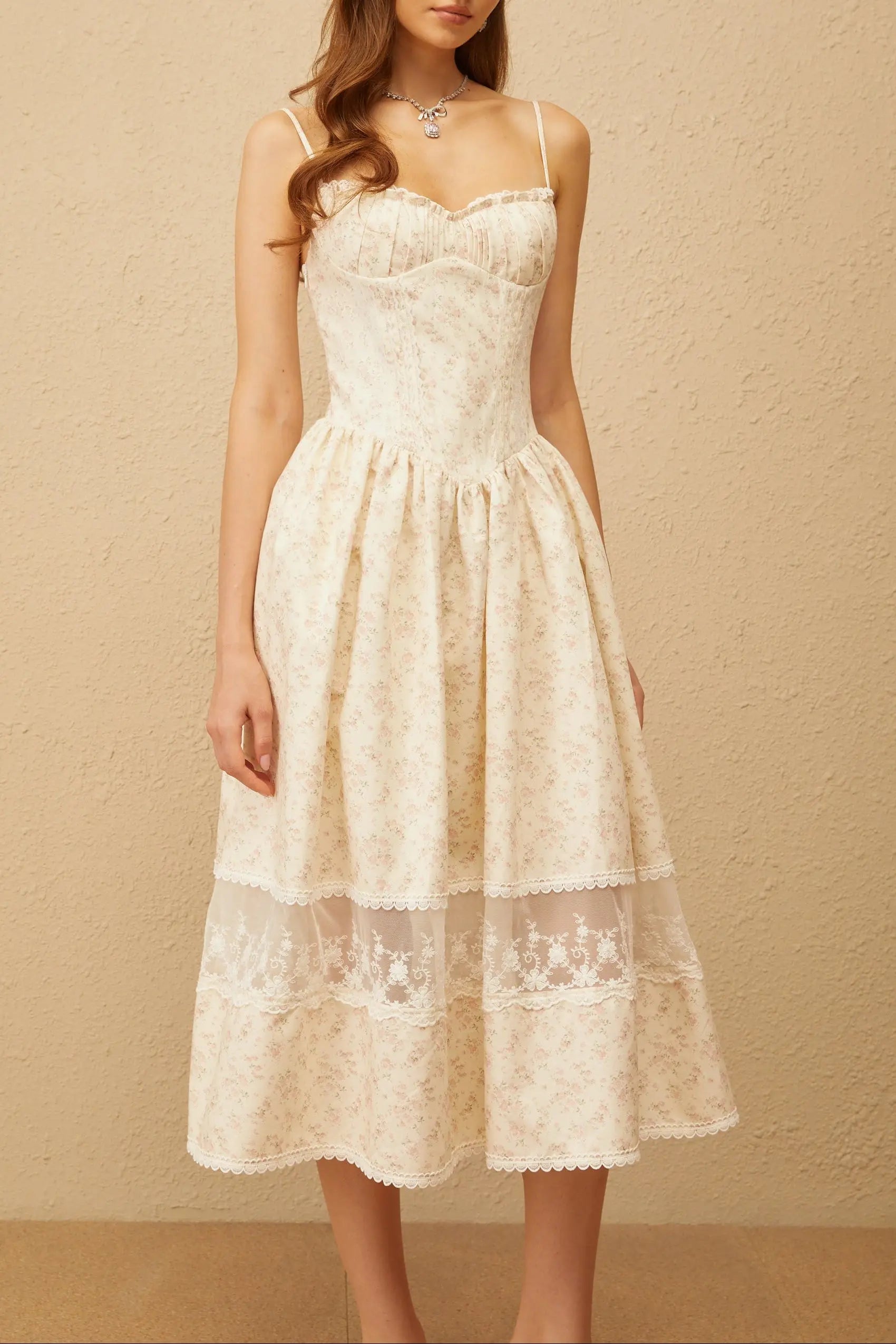 Kimberley Neutral Lace Trim Floral Midi Dress in White Avalabel