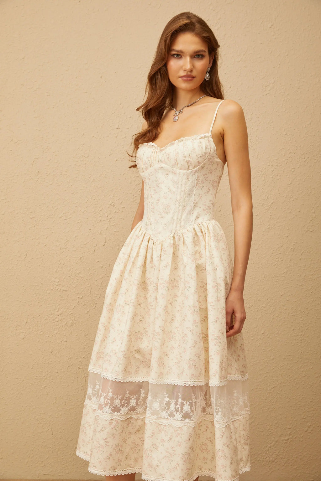 Kimberley Neutral Lace Trim Floral Midi Dress in White Avalabel
