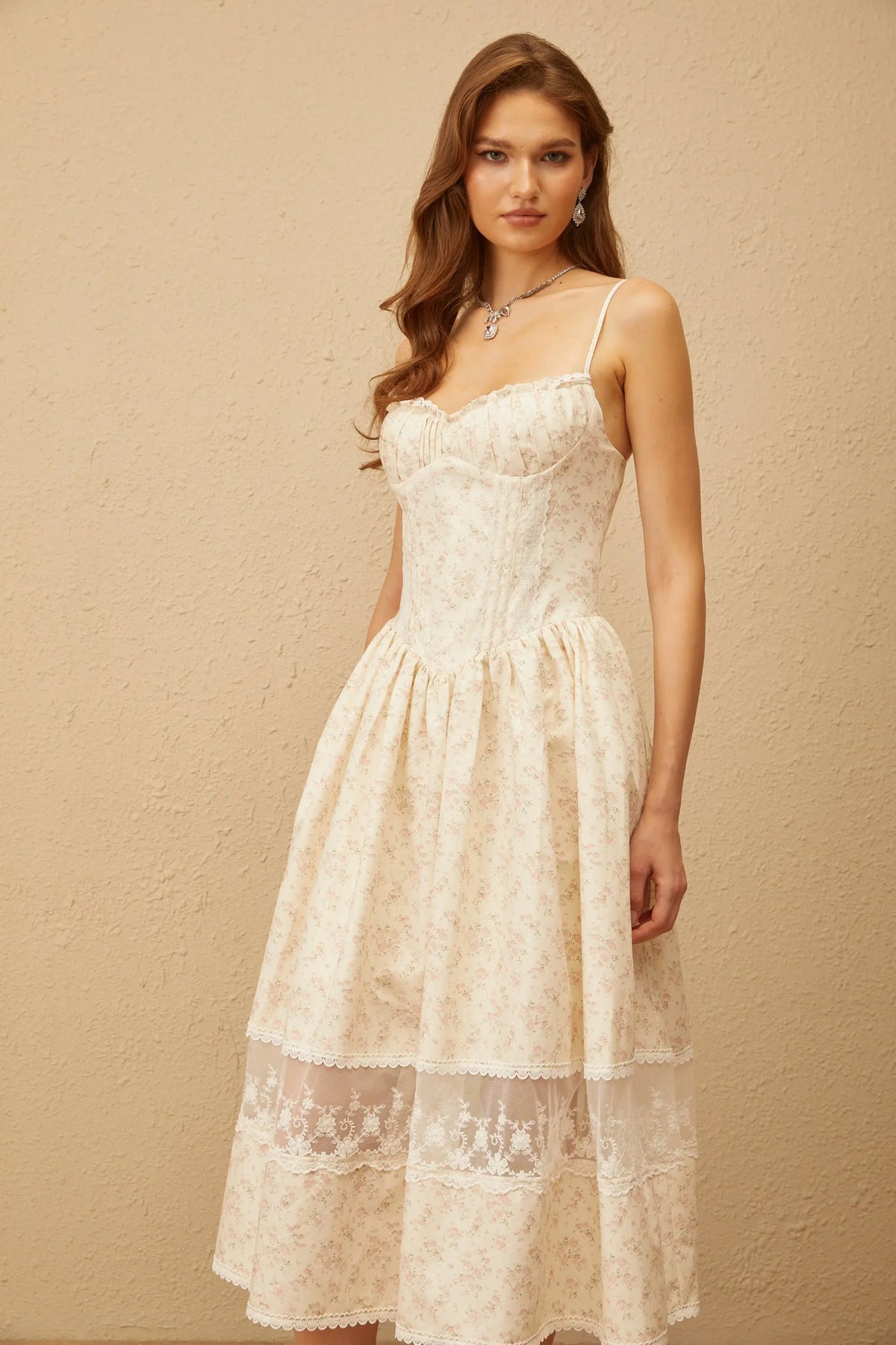 Kimberley Neutral Lace Trim Floral Midi Dress in White Avalabel