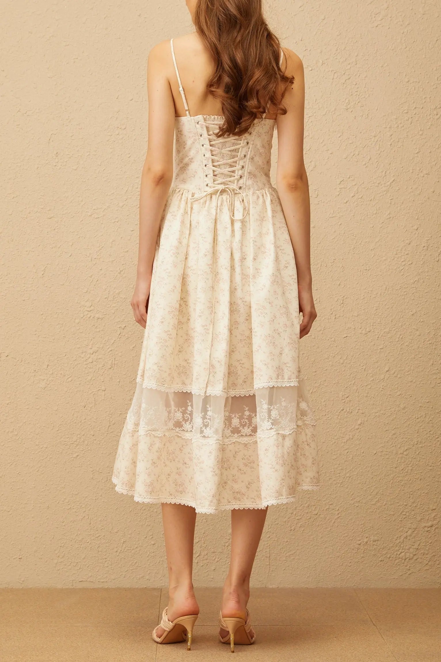 Kimberley Neutral Lace Trim Floral Midi Dress in White Avalabel