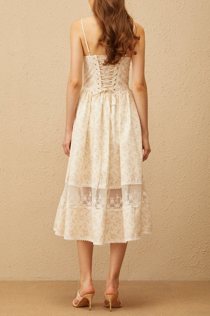 Kimberley Neutral Lace Trim Floral Midi Dress in White