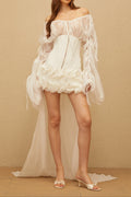 Off Shoulder Sheer Sleeve Corset Ruffle High Low Mini Dress poava