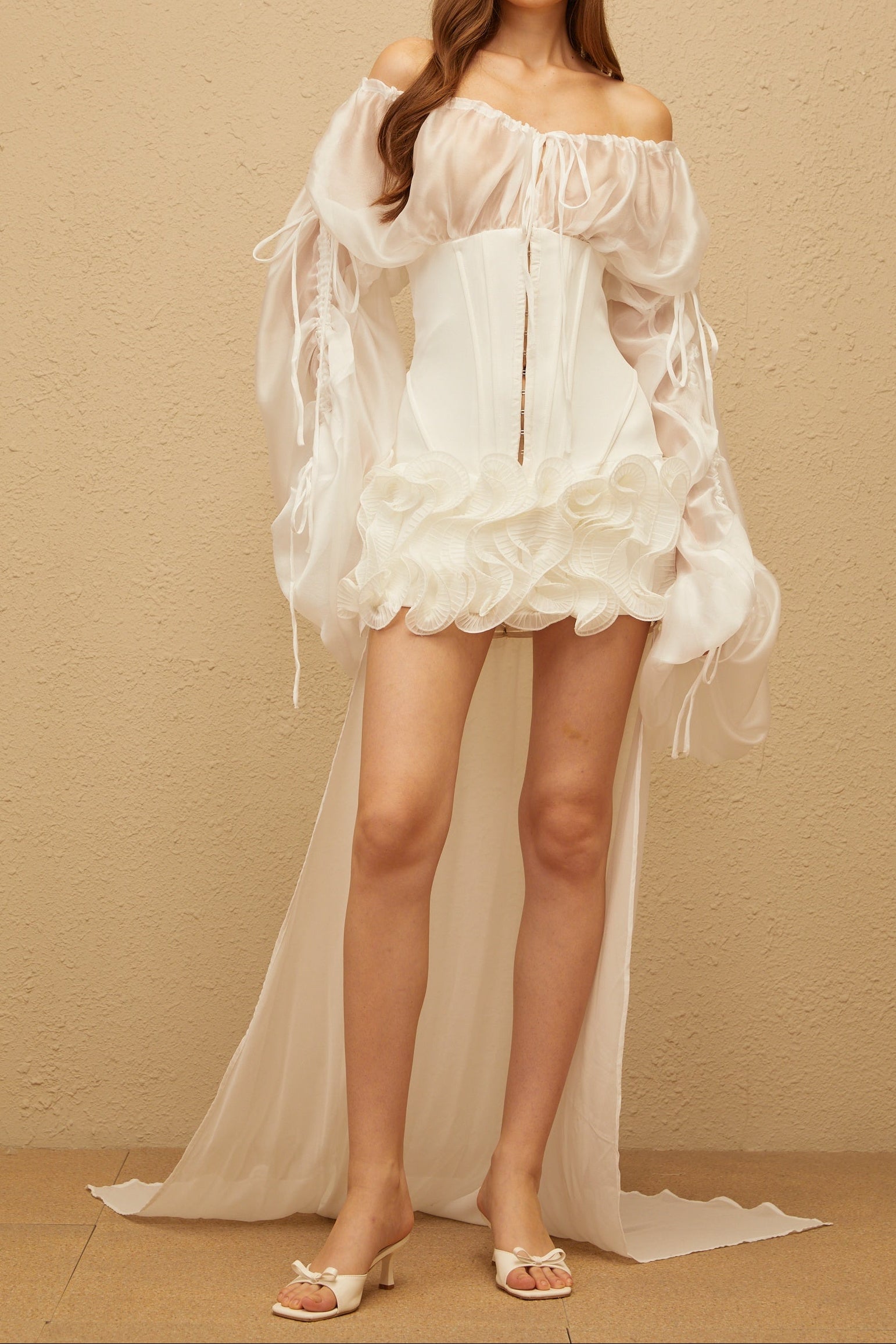 Off Shoulder Sheer Sleeve Corset Ruffle High Low Mini Dress poava