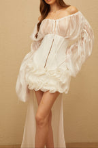 Off Shoulder Sheer Sleeve Corset Ruffle High Low Mini Dress poava