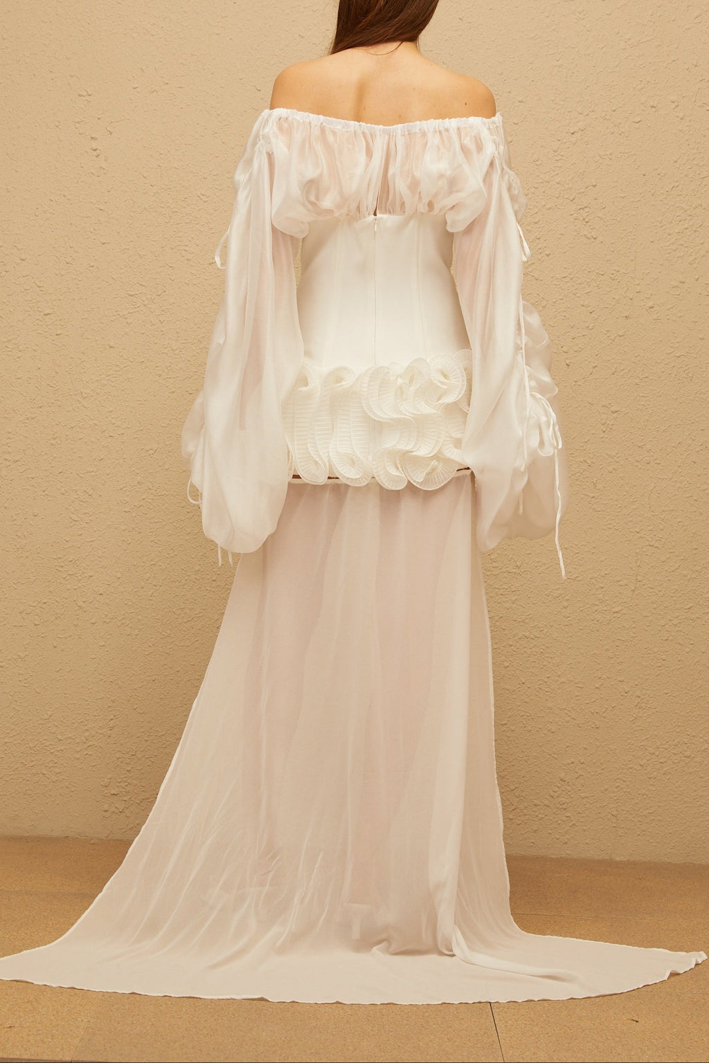 Off Shoulder Sheer Sleeve Corset Ruffle High Low Mini Dress poava
