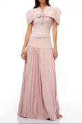 Cape Bow Pearl Corset Pleated Maxi Dress poava