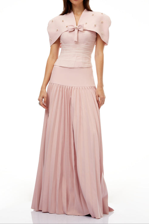Cape Bow Pearl Corset Pleated Maxi Dress poava