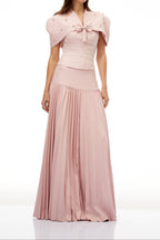 Cape Bow Pearl Corset Pleated Maxi Dress poava