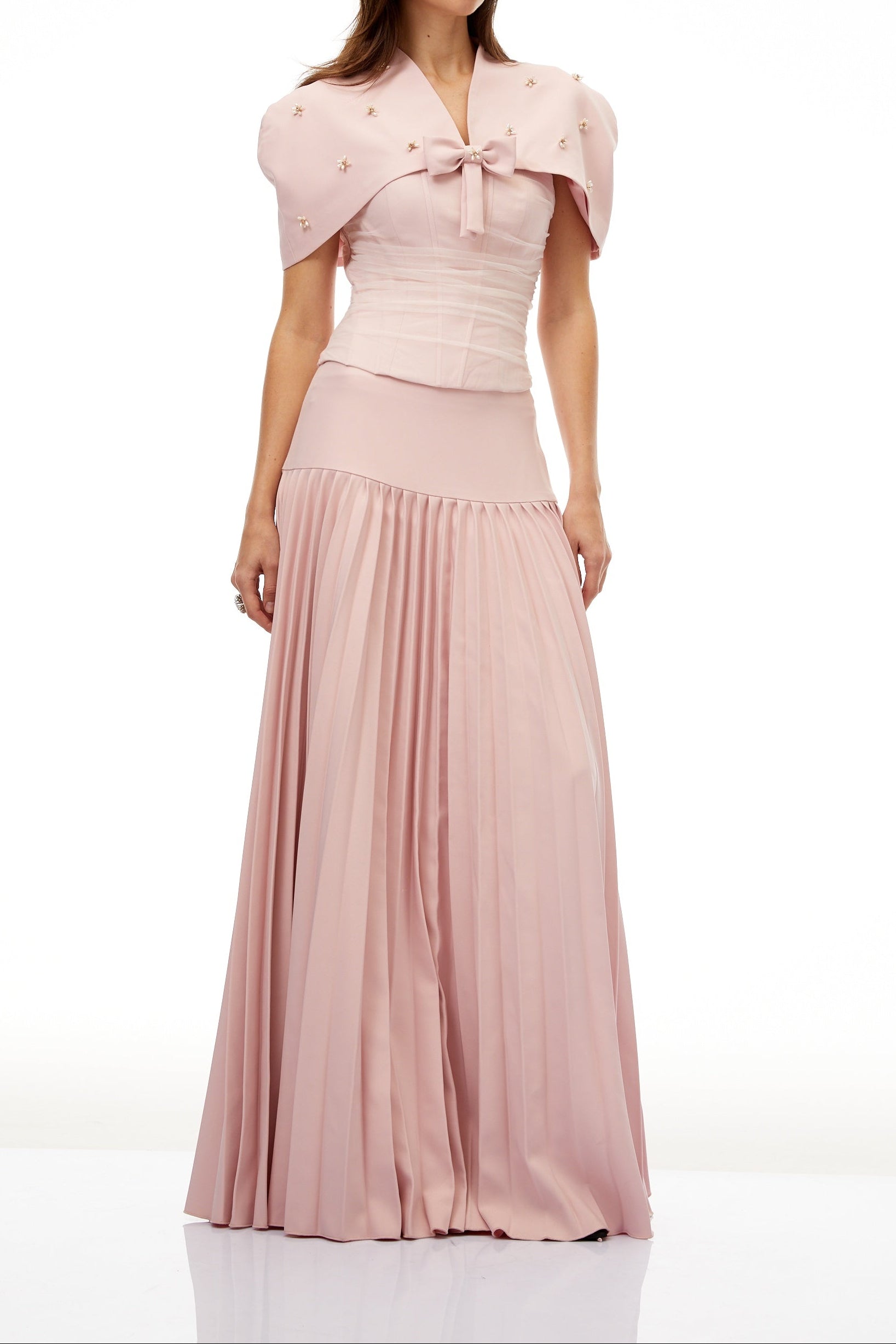 Cape Bow Pearl Corset Pleated Maxi Dress poava