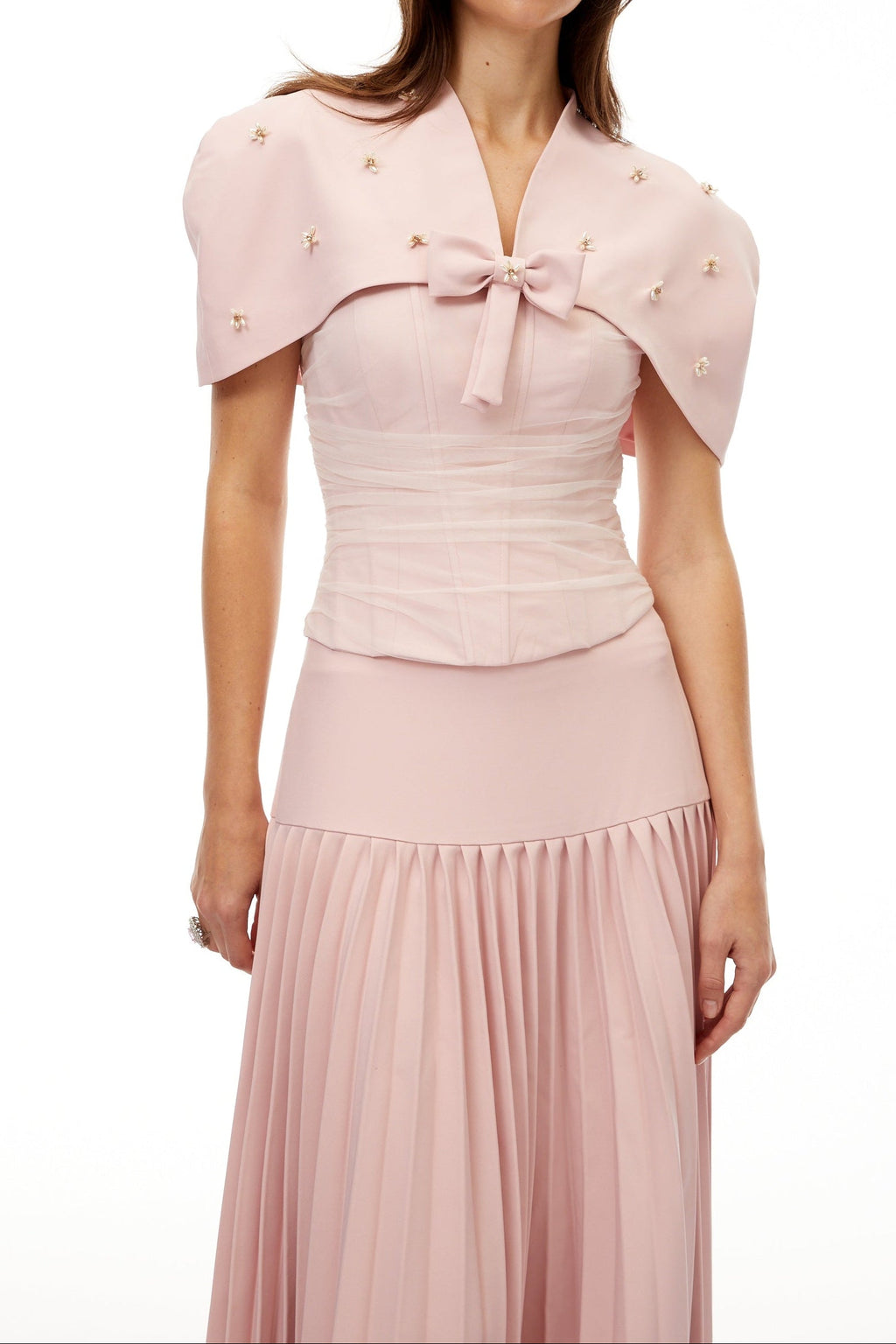 Cape Bow Pearl Corset Pleated Maxi Dress poava