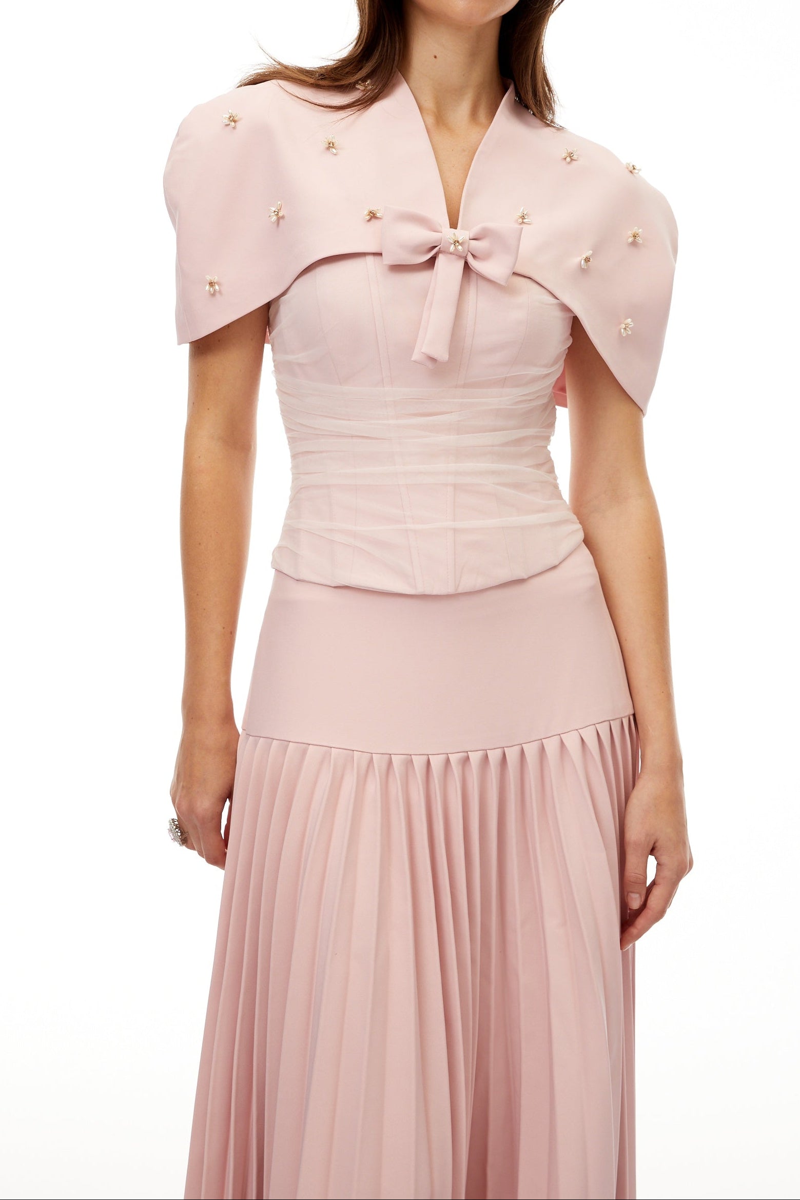 Cape Bow Pearl Corset Pleated Maxi Dress poava