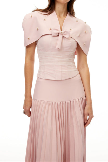 Cape Bow Pearl Corset Pleated Maxi Dress poava
