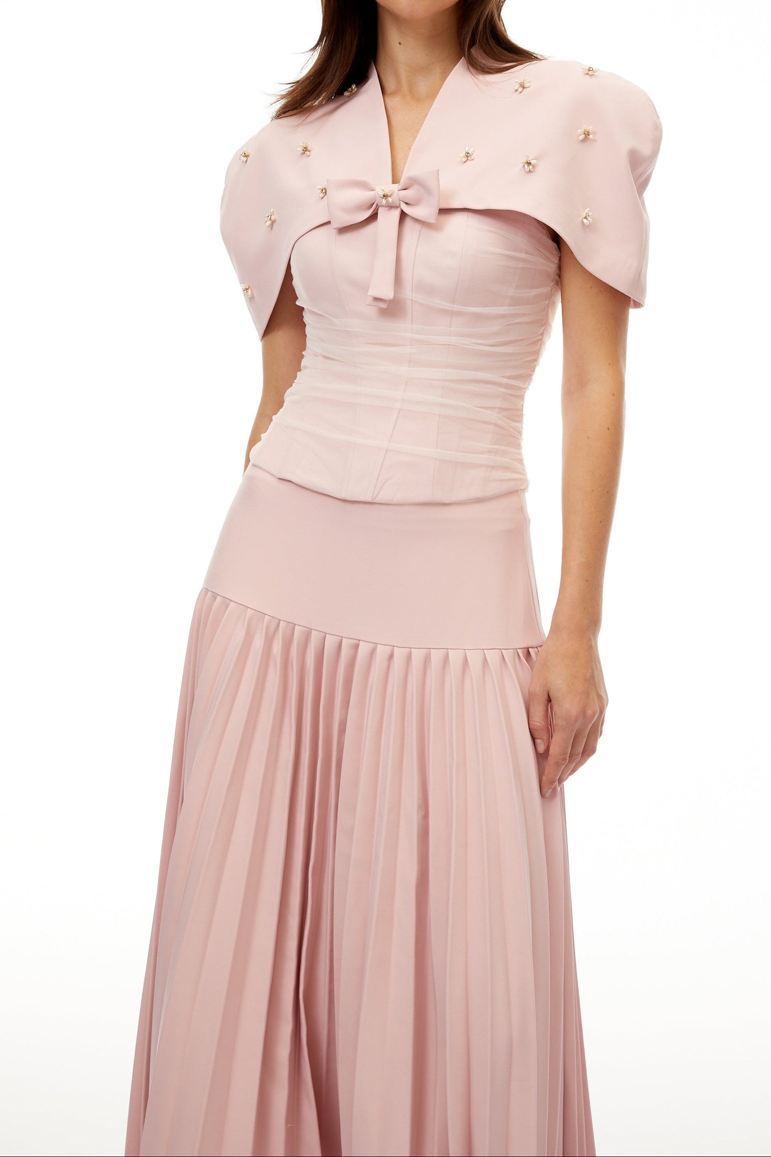 Cape Bow Pearl Corset Pleated Maxi Dress poava